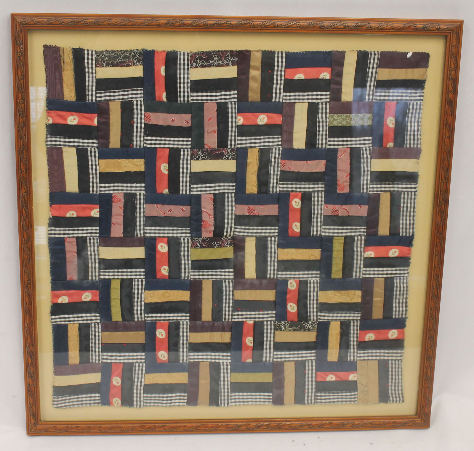 Framed hand stitched quilt fragment - overall framed size 20"x20" (1 of 6)