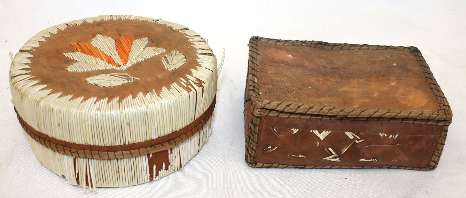 Lot of 2 Native American birch bark boxes incl 1 w porcupine quills 5" diam & 3"x5" (1 of 6)