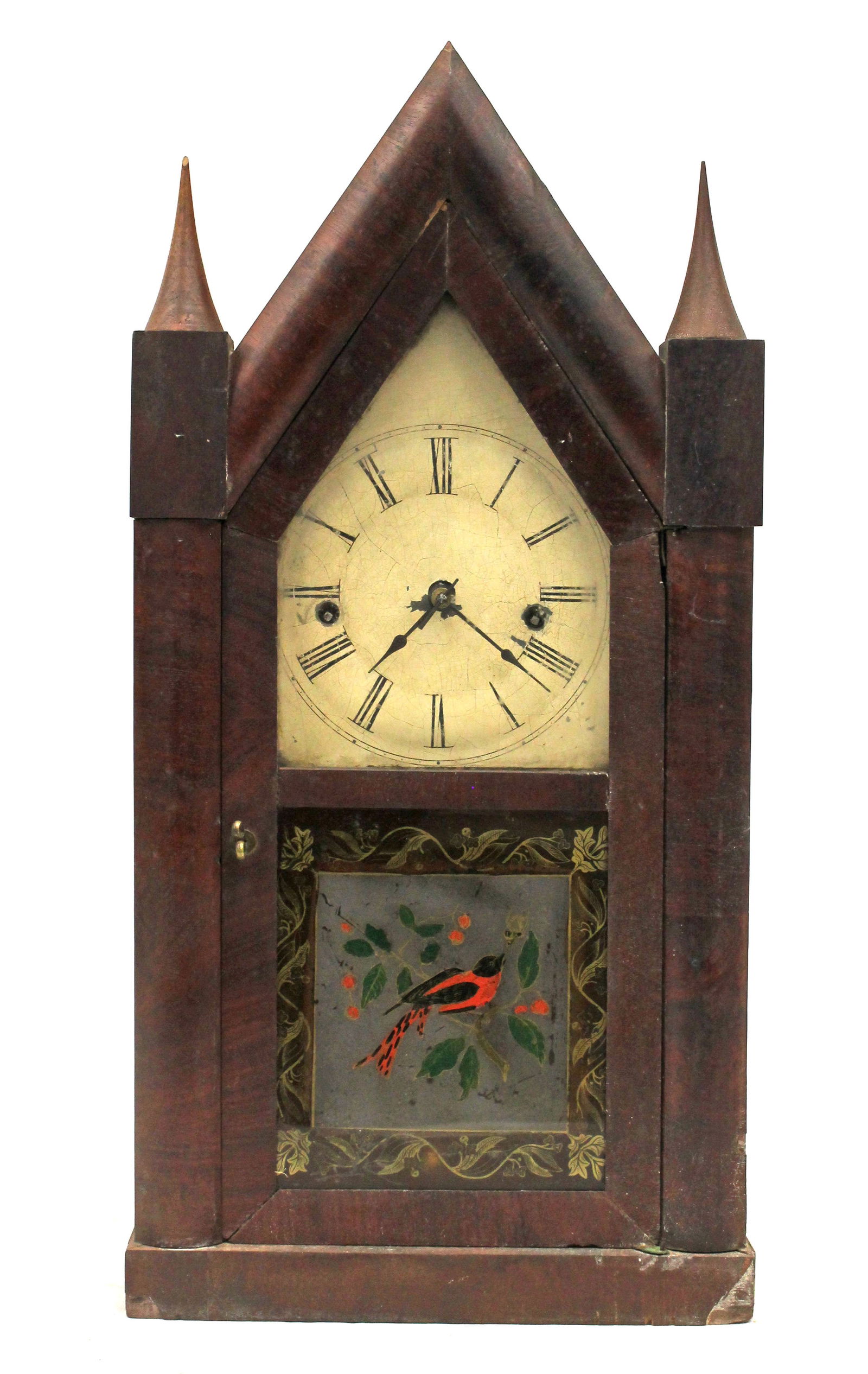 Antique Terry & Andrews steeple clock w reverse painting on glass of an Oriole - 20" tall x 10" wide (1 of 5)