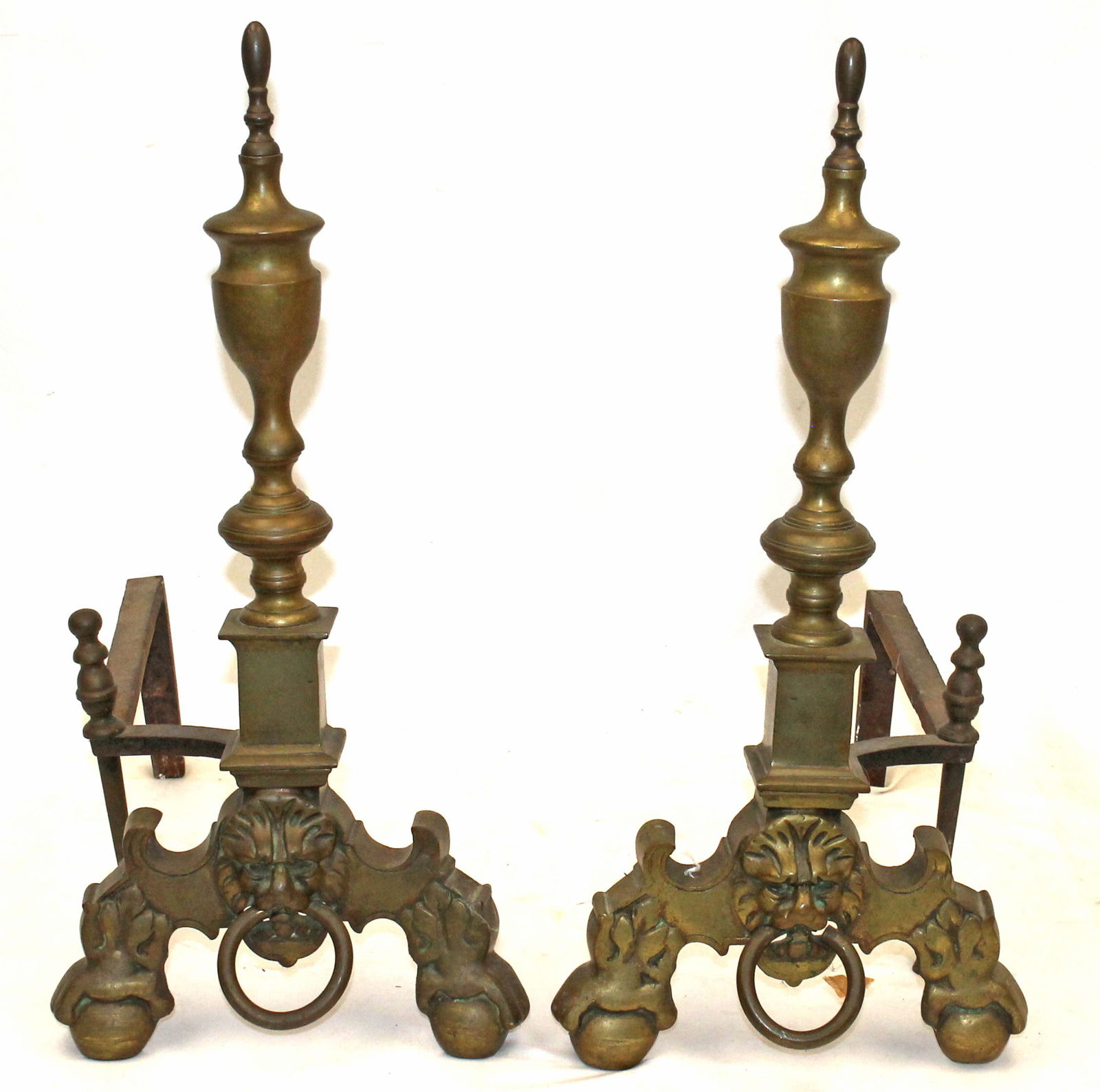 Pr of antique brass urn top andirons w lion motif - 22" tall x 17" deep (1 of 7)