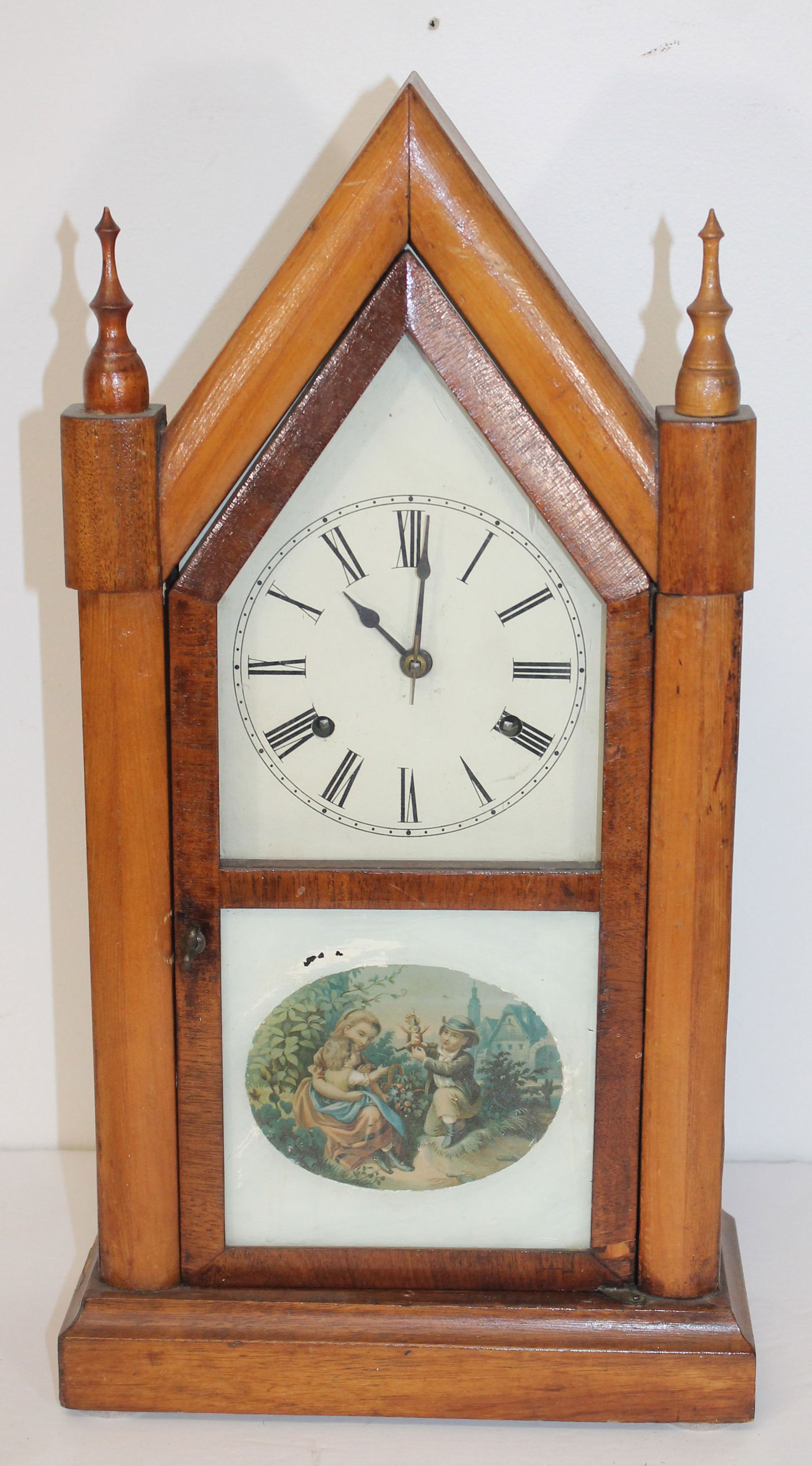 Antique steeple clock w litho transfer dec on door - 19" tall (1 of 5)