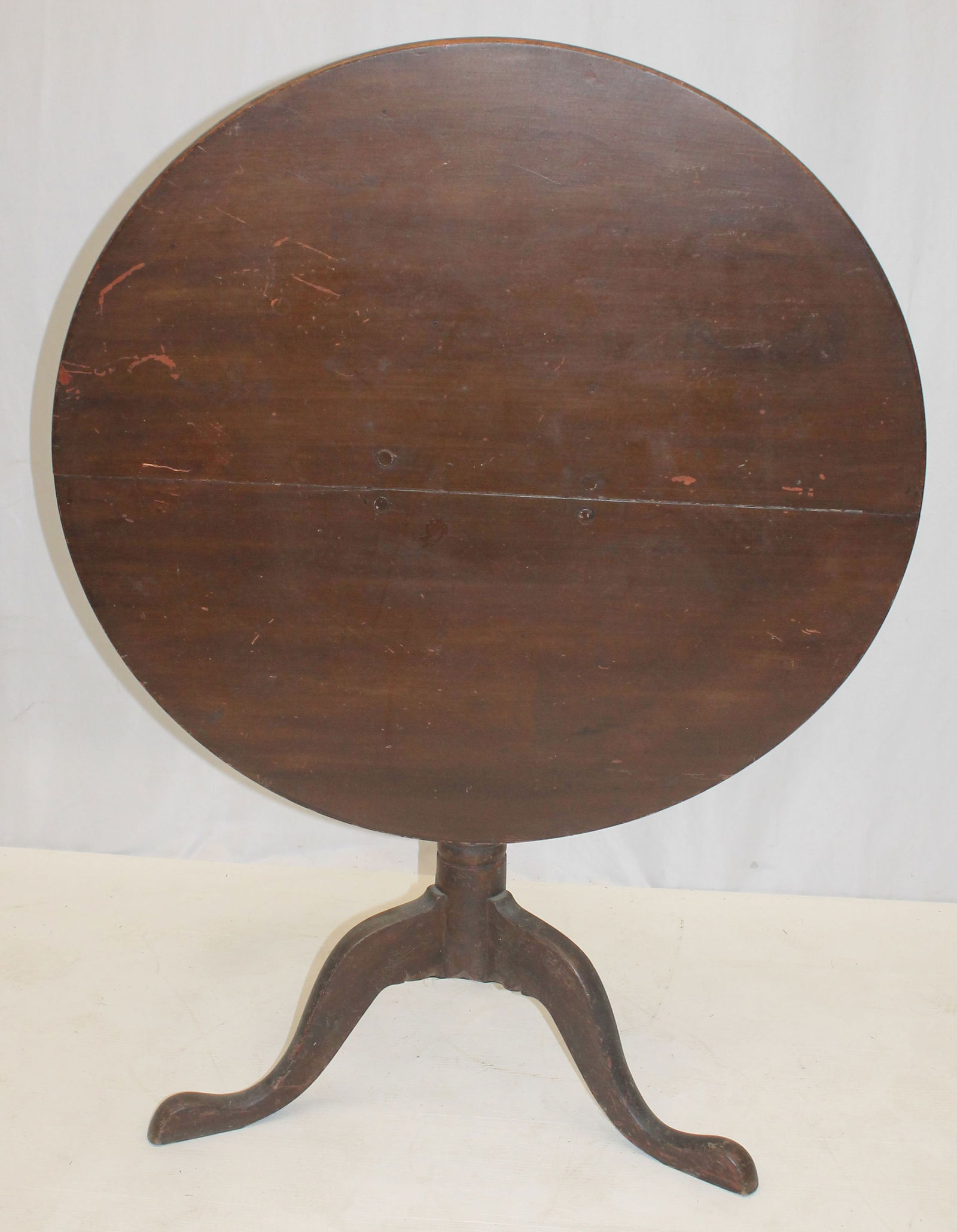 18thC round tilt top table on snake foot vase w canon turned standard in Spanish Brown paint - 32" (1 of 8)