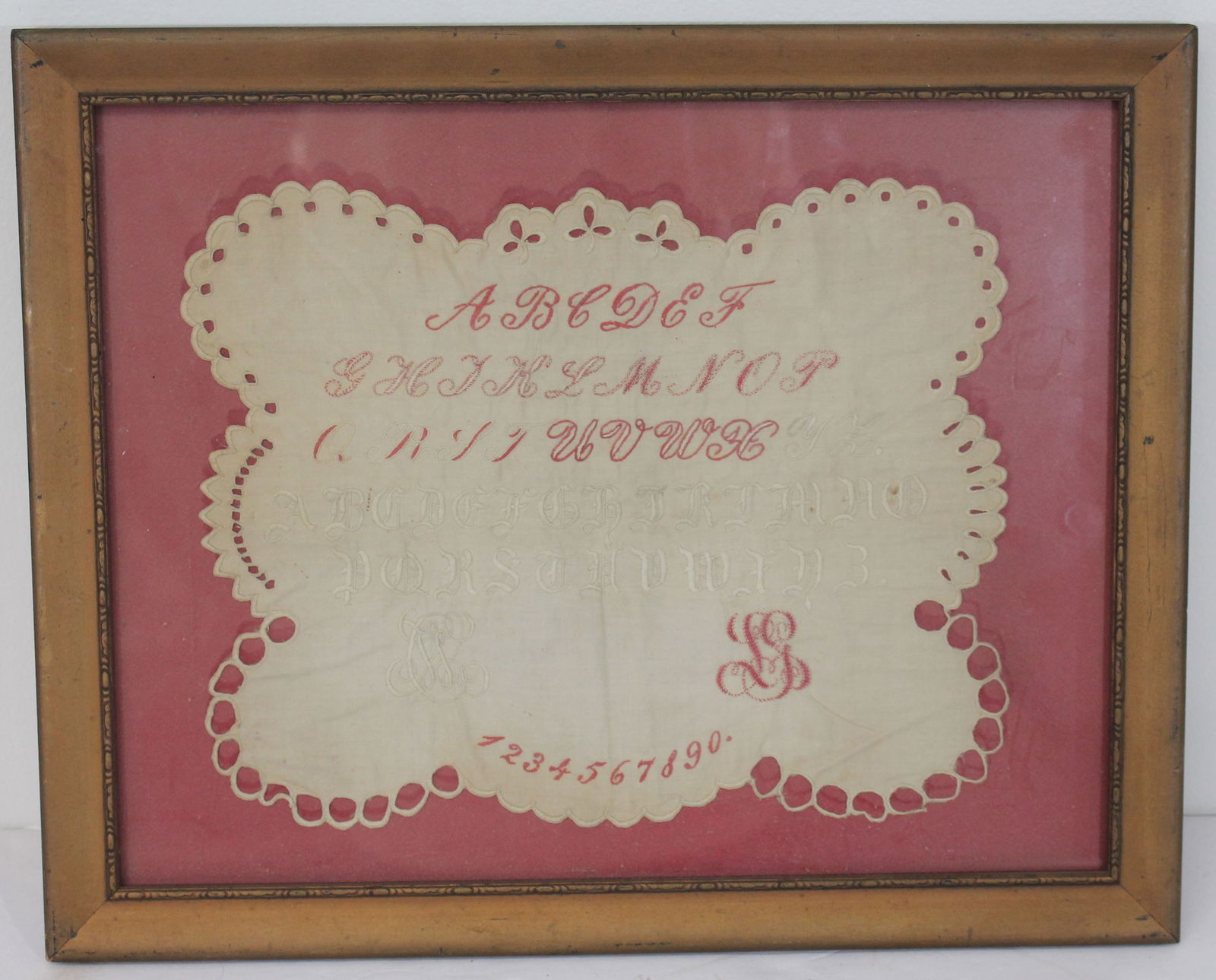 Lot of 3 framed stitched samplers incl hanky w edging of eyelet stitching - overall framed size 12: Lot of 3 framed stitched samplers incl hanky w edging of eyelet stitching - overall framed size 12 1/2"x15 1/2"; hanky needlework basket of flowers - framed size 11"x13"; Framed stitching sampler w si