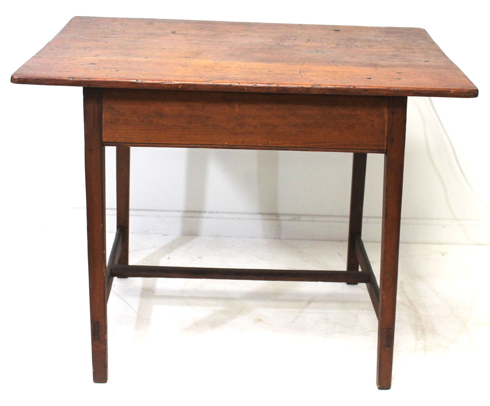 Antique NE stretcher based tap table w tenoned base - 26" tall x 34" wide x 24 3/4" deep (1 of 4)
