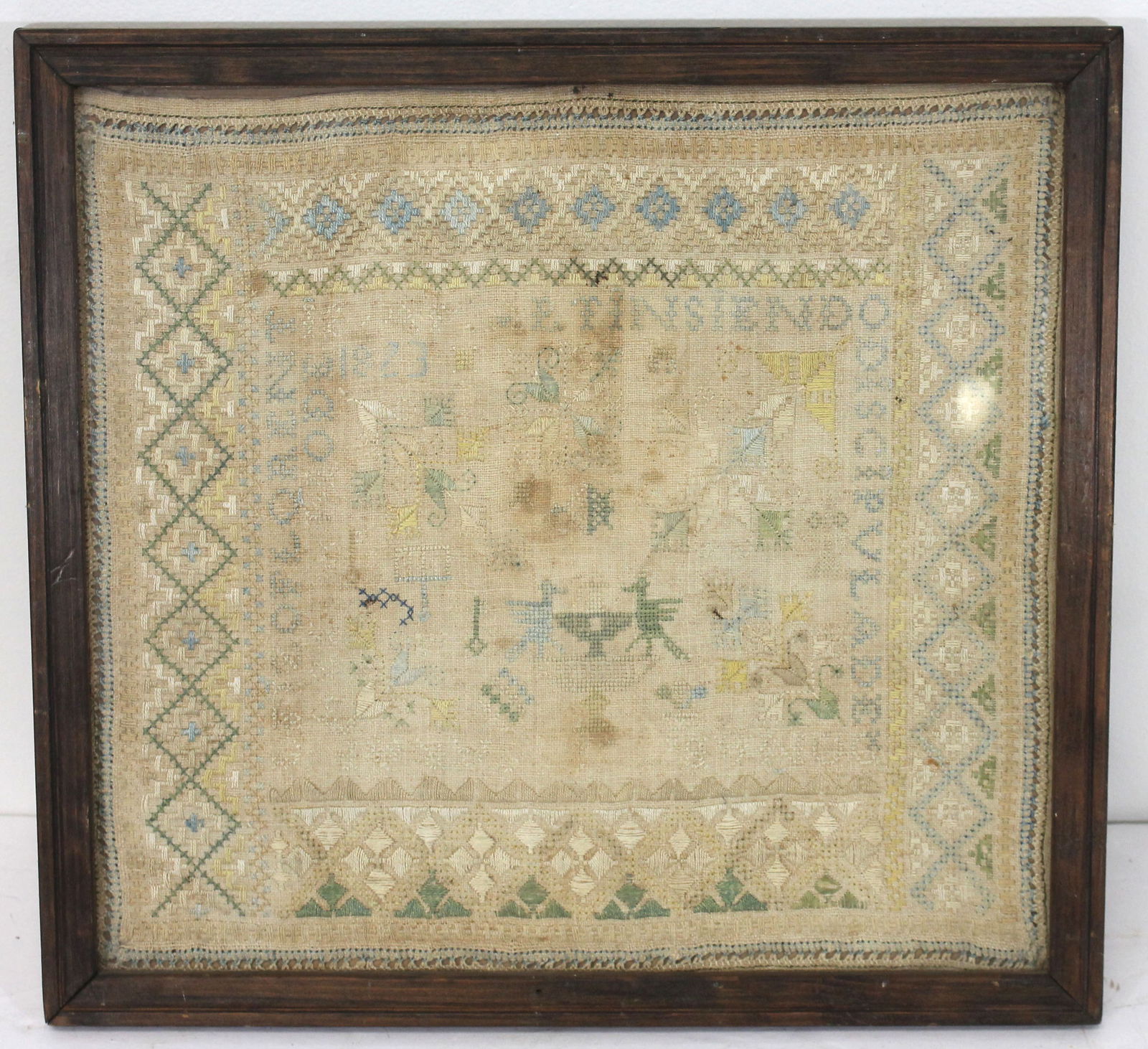 Framed floral & bird sampler dated 1823 - 14 1/4"x15 1/4" (1 of 9)