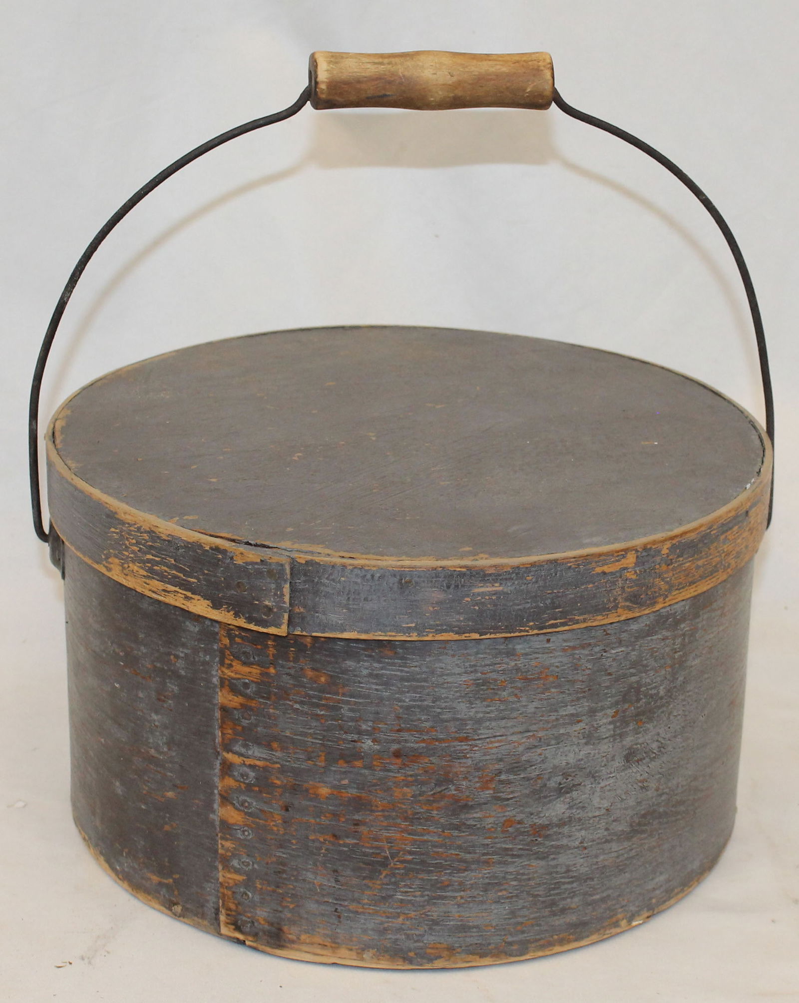 Antique pantry box in blue paint w wire bail handle - 11" diam x 6 1/4" tall (1 of 5)