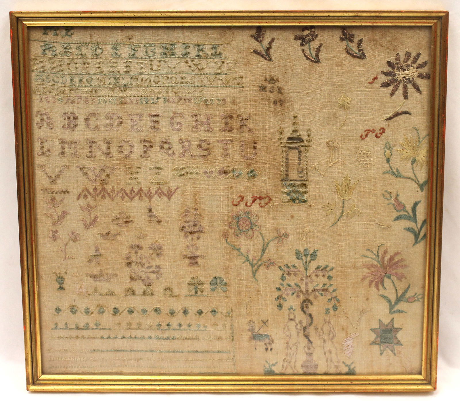 Antique sampler w Adam & Eve, well, lamb & flowers - 14 1/2"x16" (1 of 8)