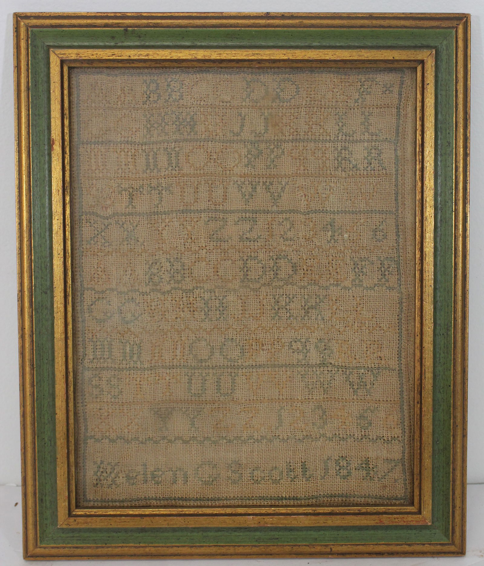Lot of 2 framed alphabet samplers - 1 dated 1847 Helen O Soll  - 12 1/2"x10 1/2" & the other an (1 of 13)