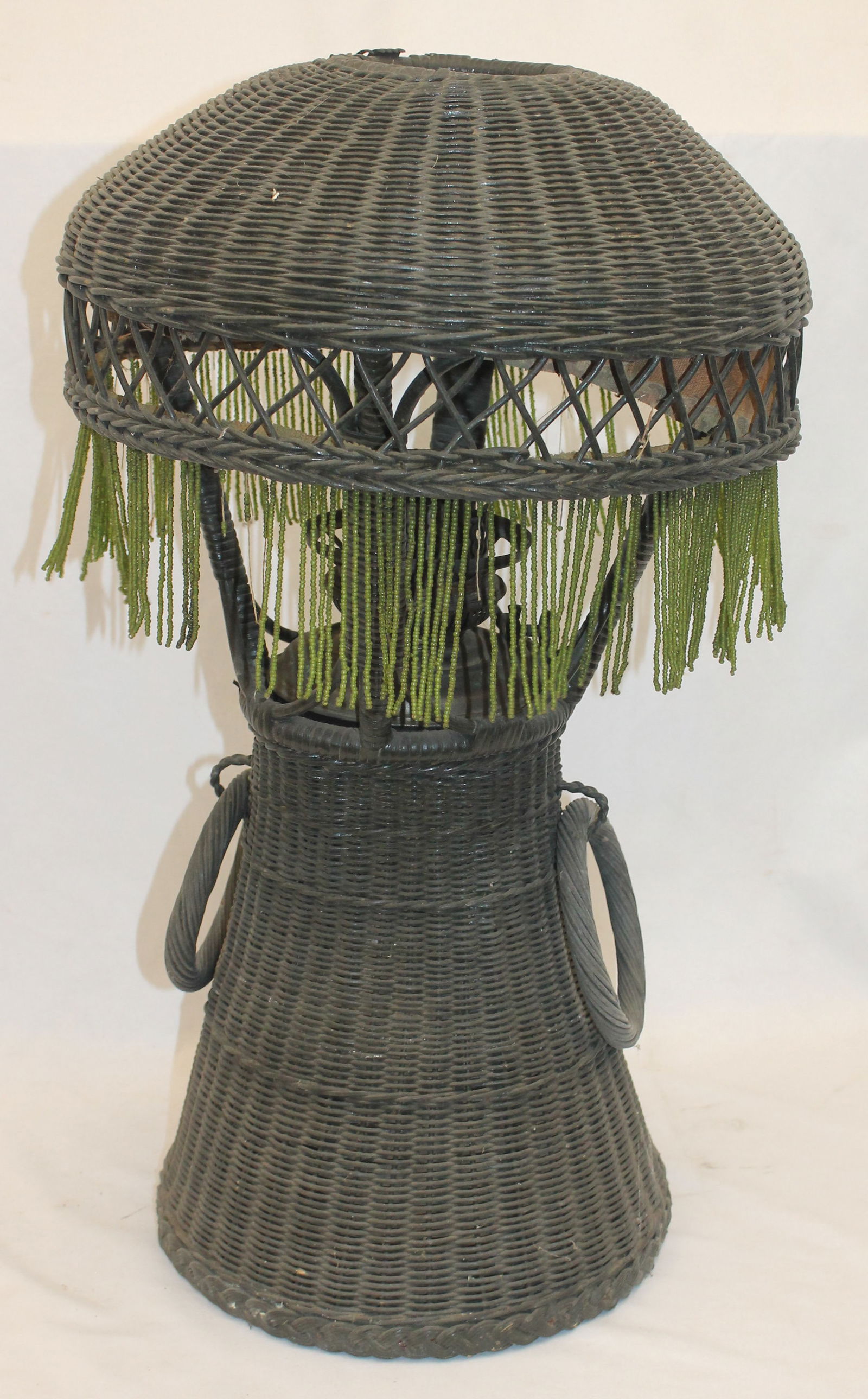 Arts & Crafts wicker B&H kerosene lamp w glass beaded fringe -23" tall x 13 1/2" diam shade (1 of 10)