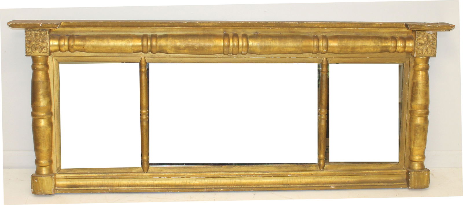 19thC Sheraton/Empire Neoclassical large 3 section overmantel gilt mirror - 63" wide x 25" tall (1 of 9)