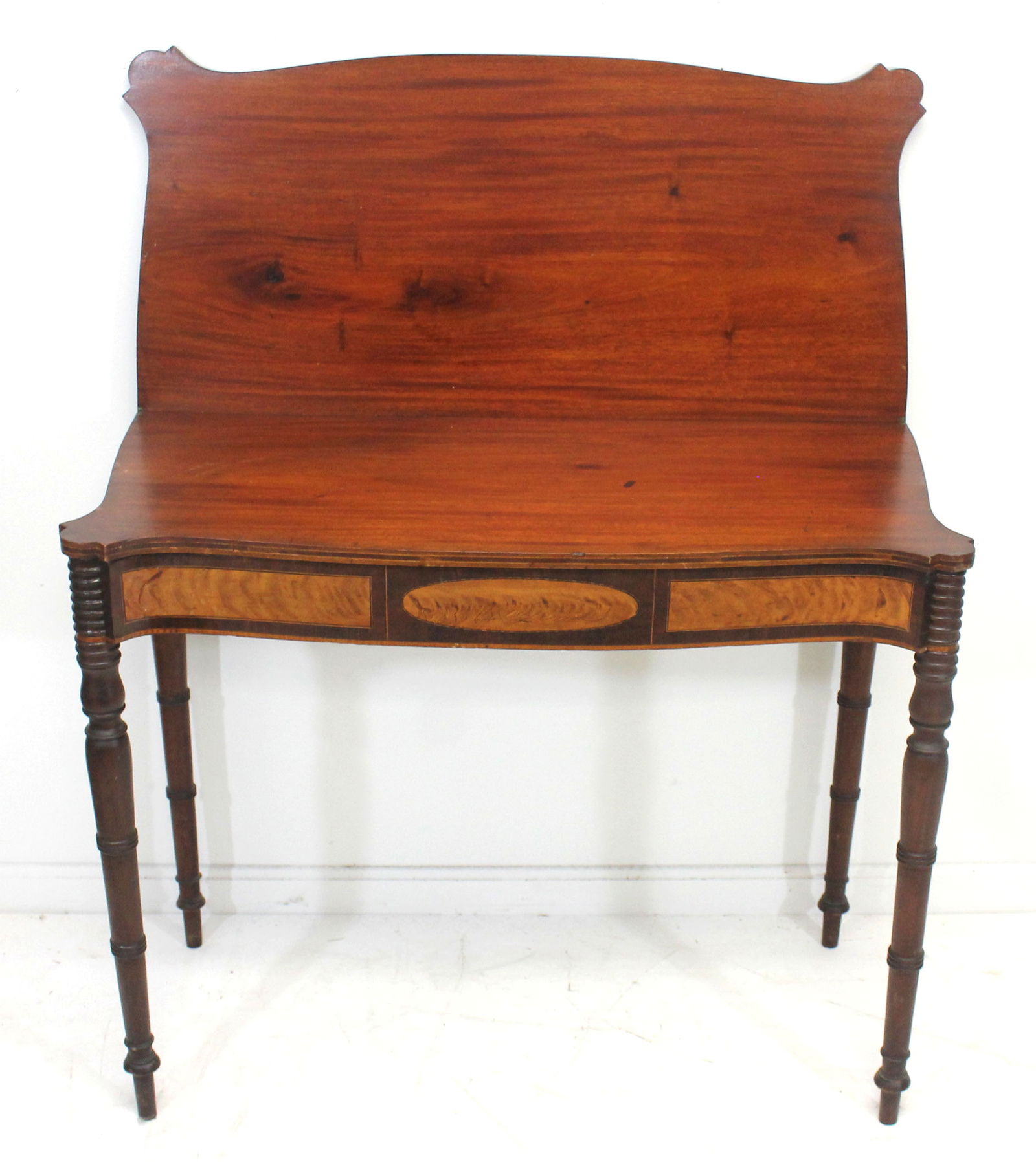 19thC Sheraton mahogany inlaid card table w shaped top - 29" tall x 38" wide x 17" deep (1 of 7)