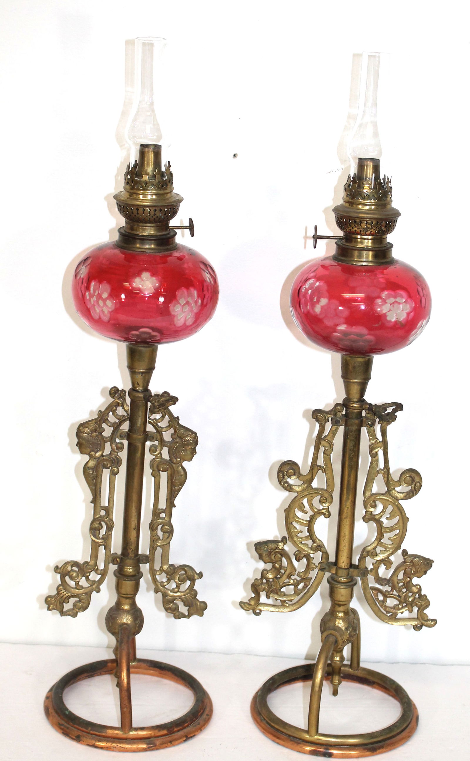 Near pair of Victorian fancy brass & cranberry glass adjustable peg lamps - 24" tall to top of (1 of 11)