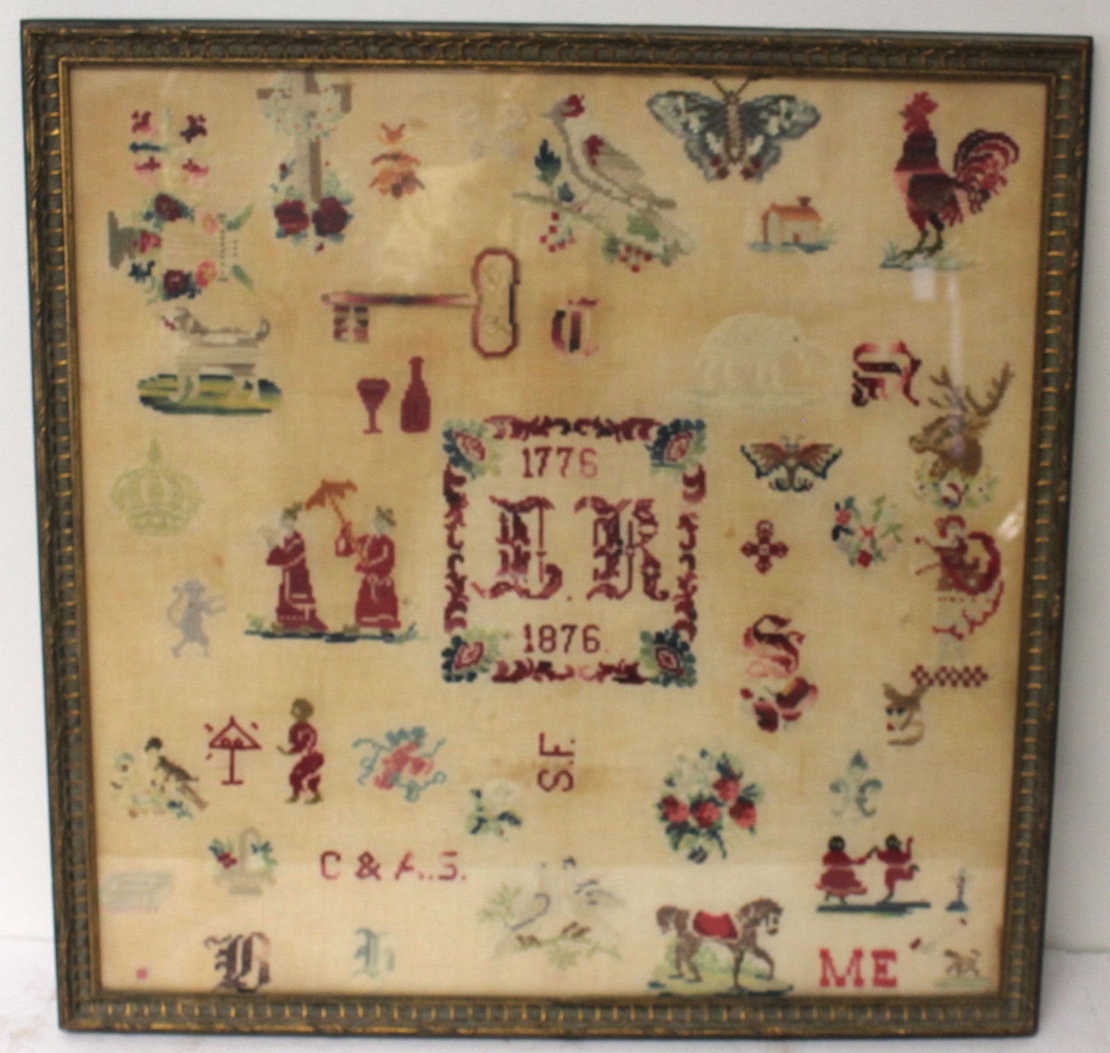 Large framed Centennial sampler w figures, animals, etc - 25 1/2" square framed size (1 of 9)
