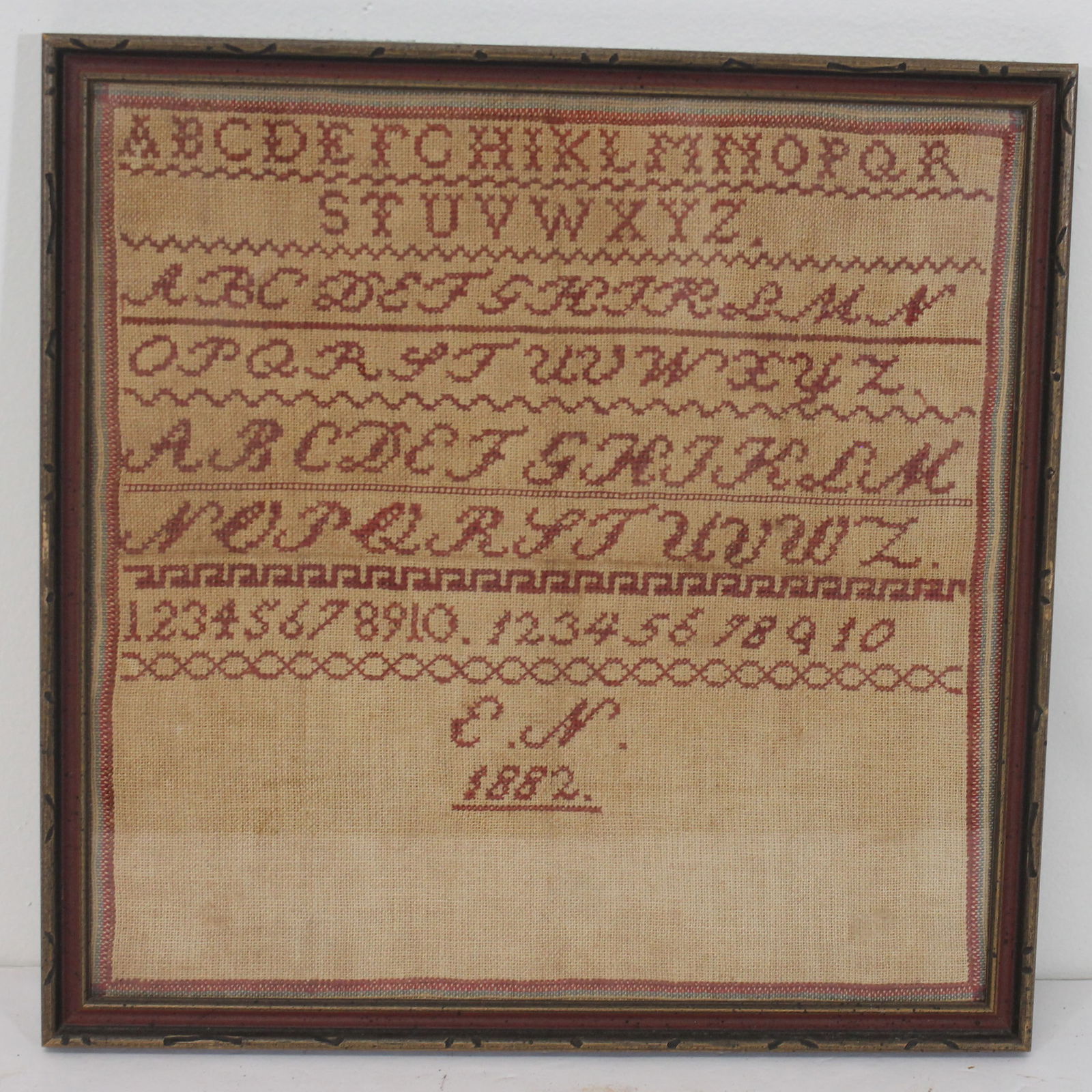 Lot of 2 framed samplers - One dated 1882 initialed EN - 11 1/4" square and the other Alphabet &: Lot of 2 framed samplers - One dated 1882 initialed EN - 11 1/4" square and the other Alphabet & numbers sampler - 21 1/2"x20 1/4"