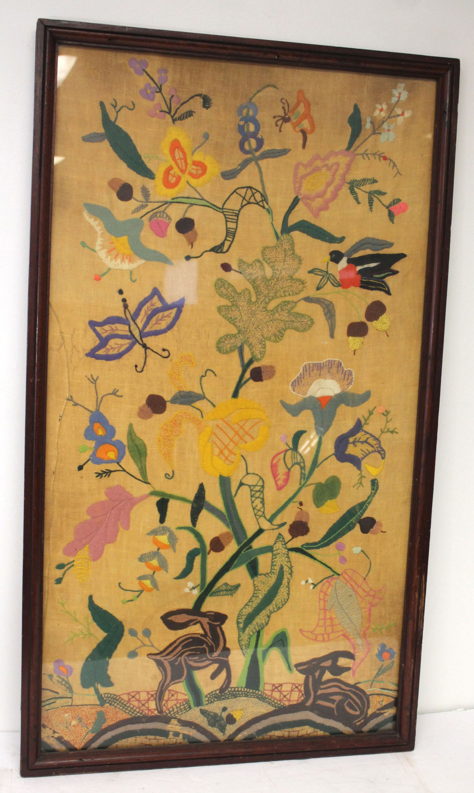 Framed crewelwork of flowers, rabbit, butterfly & birds - overall framed size 36"x20 3/4" (1 of 10)