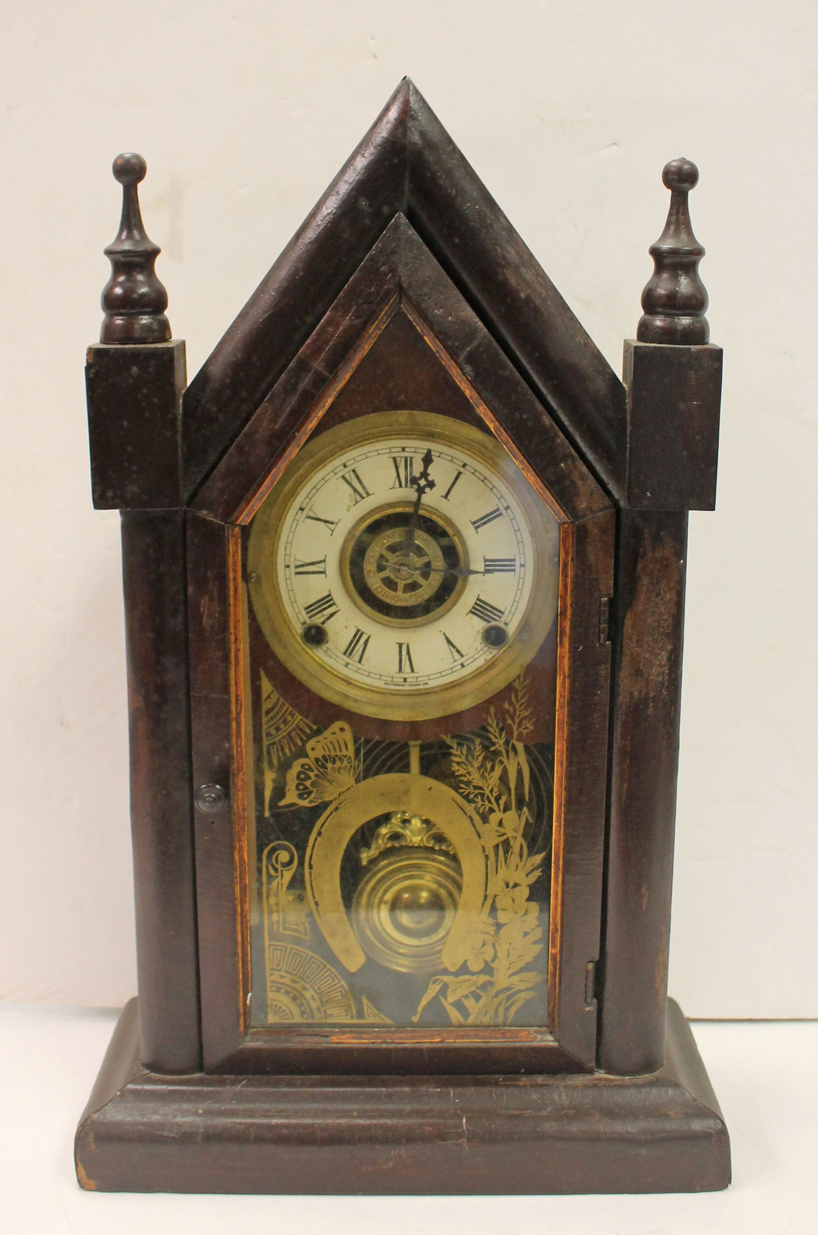 Antique steeple clock w reverse painted on glass horseshoe & butterfly dec - 19" tall (1 of 6)
