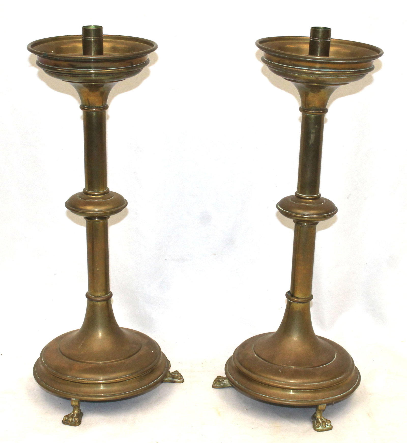 Large pr of brass candle holders w paw feet - 18" tall: Large pr of brass candle holders w paw feet - 18" tall