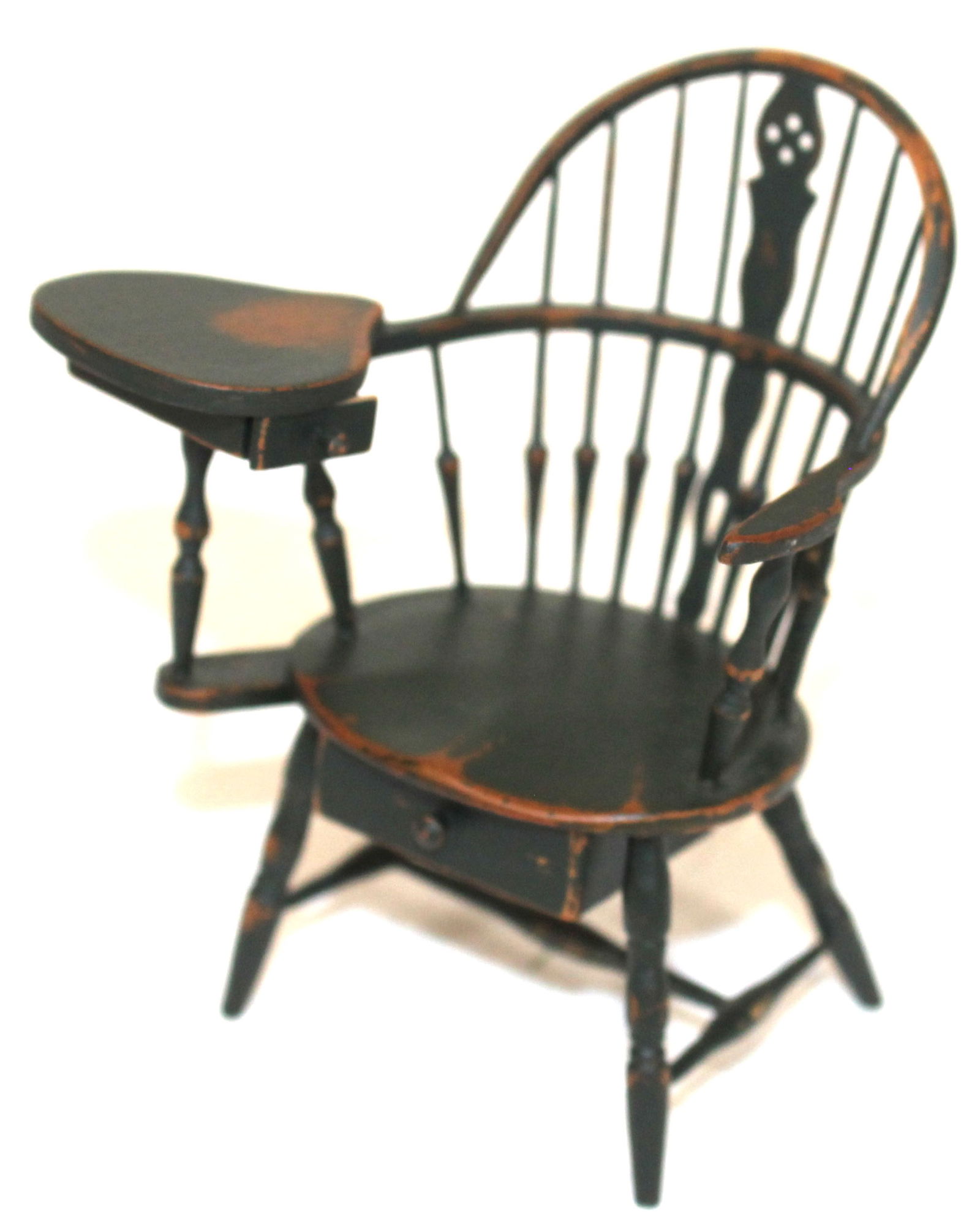 Miniature bench made & artisan signed Windsor sack back writing armchair in green paint - (1 of 9)