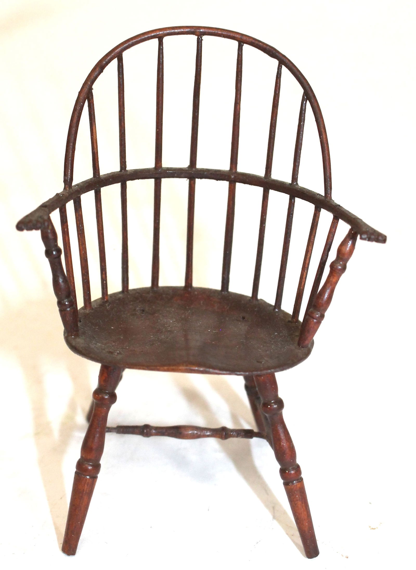 Miniature bench made & artisan signed Windsor sack back knuckle armchair in Spanish Brown paint - (1 of 8)