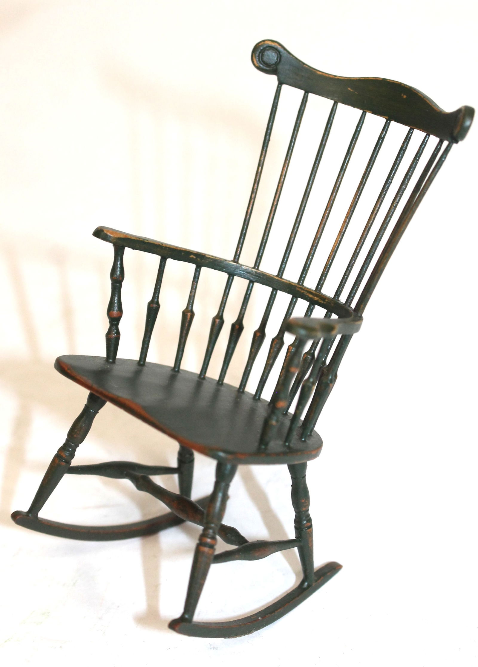 Miniature bench made & artisan signed Windsor comb back armchair rocker in green paint - wonderfully (1 of 9)