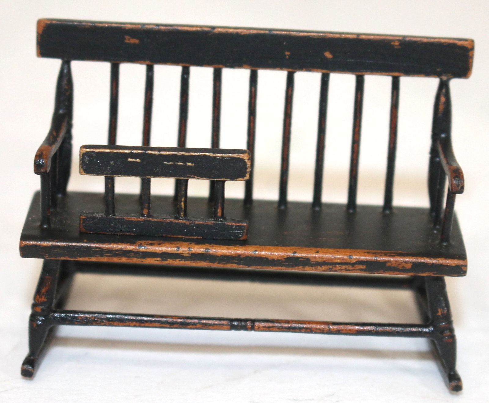 Miniature bench made & artisan signed Windsor Mammy's bench rocker in black paint - wonderfully: Miniature bench made & artisan signed Windsor Mammy's bench rocker in black paint - wonderfully detailed & constructed! 1 1/2" tall x 2" wide x 1/2" deep - This is the only piece that has a repair we