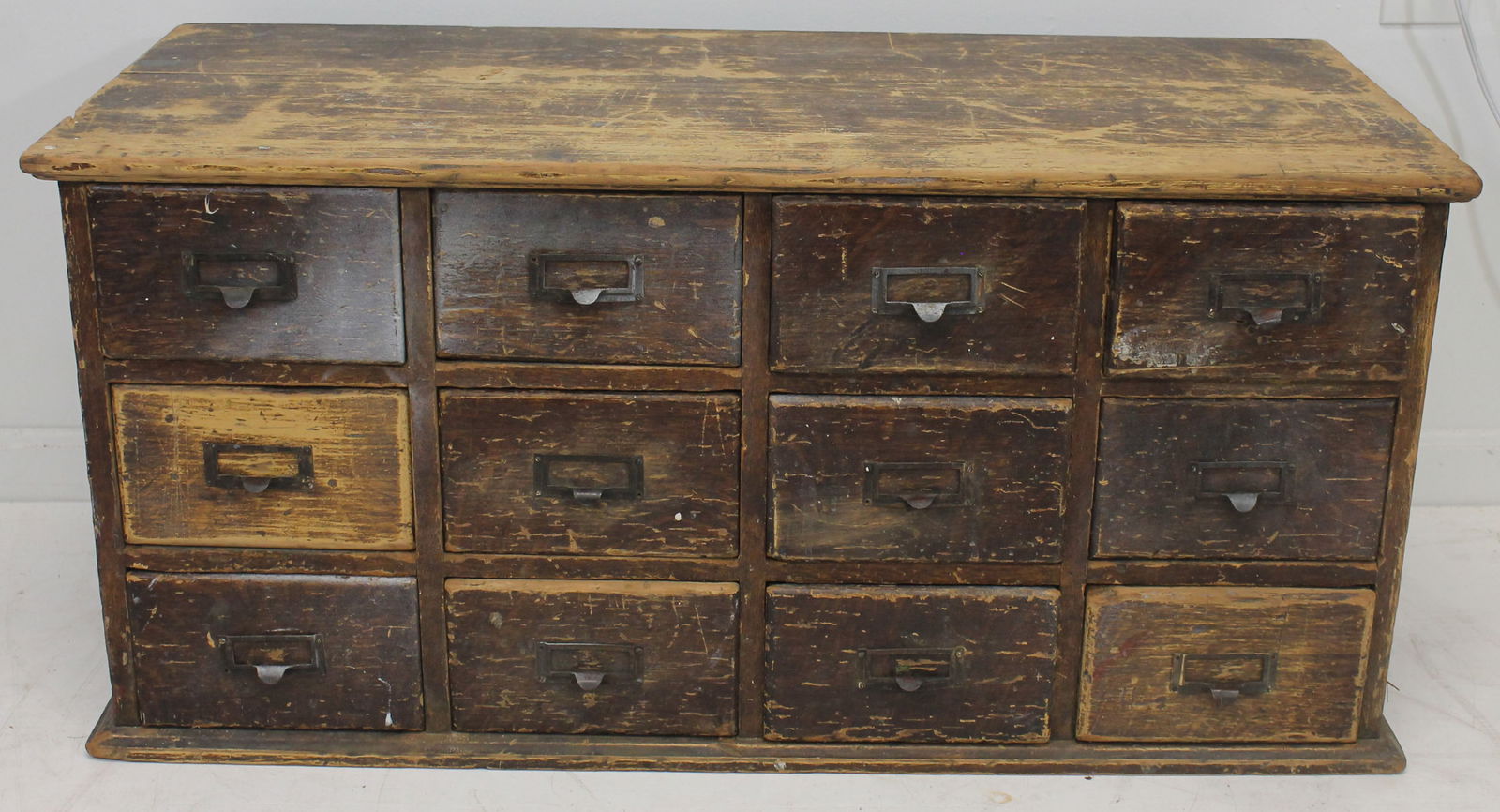 Antique 12 drawer library file card cabinet in orig paint - 18" tall x 38 1/4" wide x 17 1/4" deep (1 of 5)