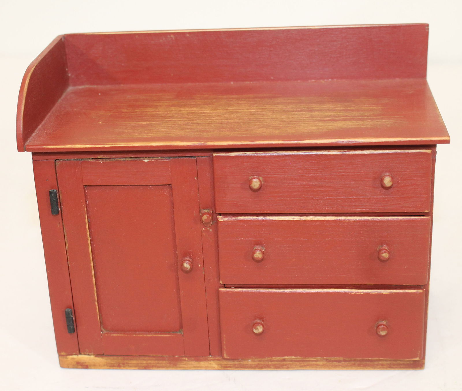 Miniature bench made & artisan signed & dated S. Haskell Jan '93 Shaker infirmary/wash stand in red (1 of 6)