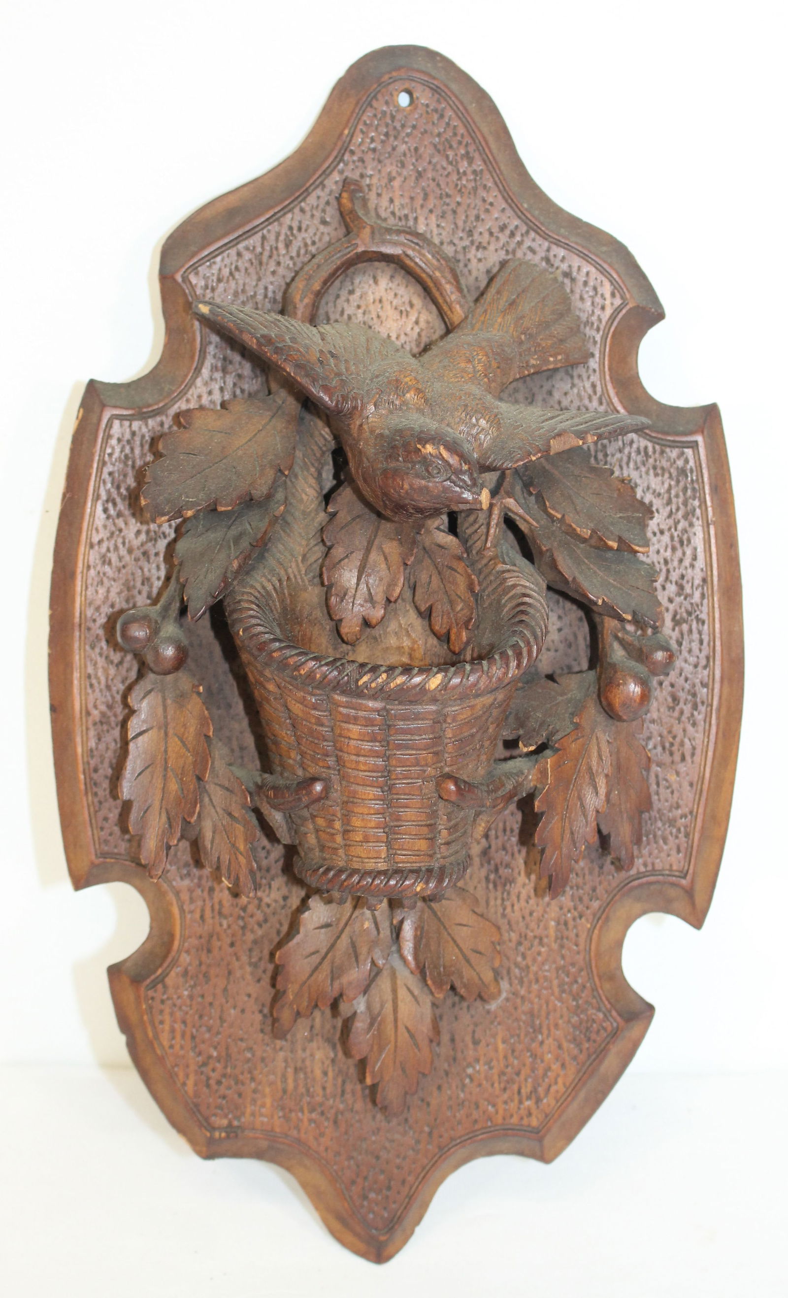 Antique Black Forest wall plaque w bird & basket motif - 11"x6" (1 of 6)