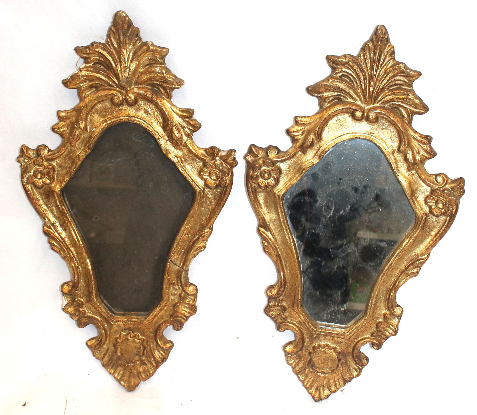 Pr of hand carved Italian mirrors in old gold surface - 13 1/4" tall x 7 1/2" wide (1 of 10)