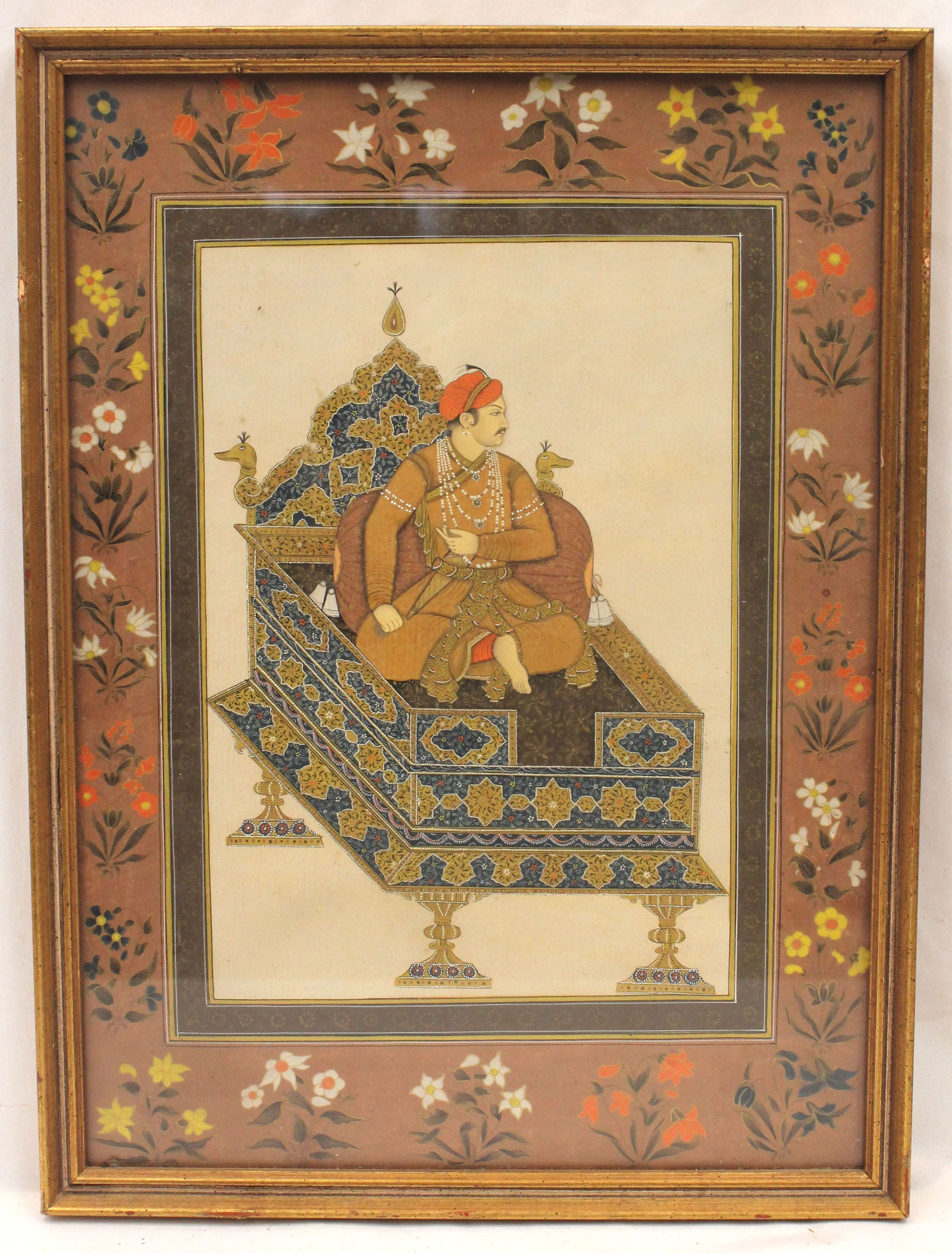 Antique Indian Or Persian w/c illuminated book plate of man on a throne -15 3/4"x11": Antique Indian Or Persian w/c illuminated book plate of man on a throne -15 3/4"x11"