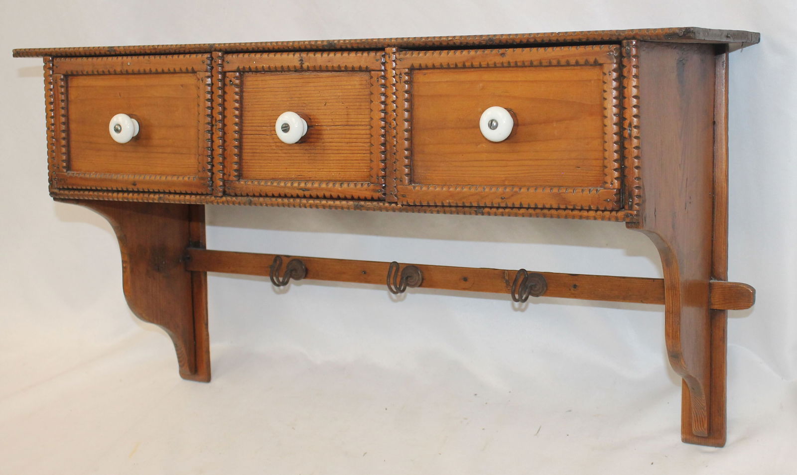 Antique chip carved wall shelf w iron hooks & 3 drawers w porcelain knobs - 13 1/2" tall x 25" wide (1 of 6)