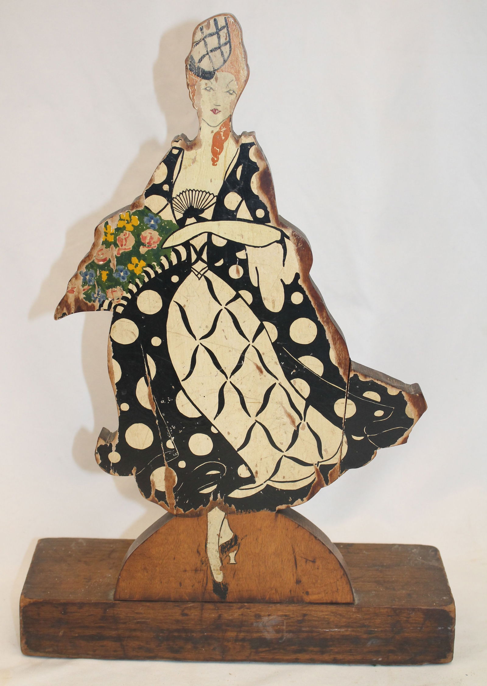 Carved wooden & painted woman holding basket of flowers doorstop - 17 1/2" tall x 12" wide x 4" deep (1 of 5)
