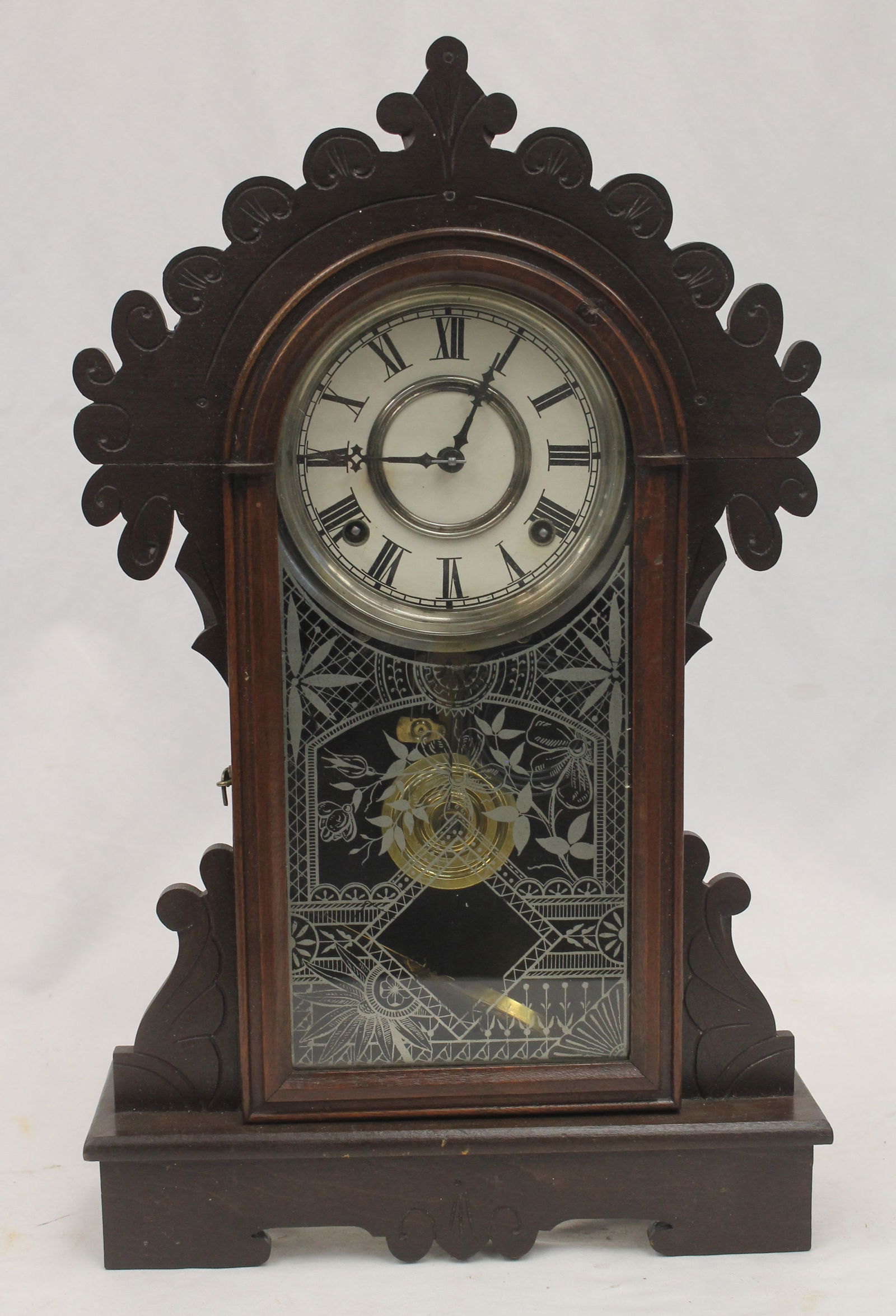 Victorian walnut Gingerbread clock w etched glass door - 20 1/2" x 12 1/2" x 4 1/4" (1 of 6)