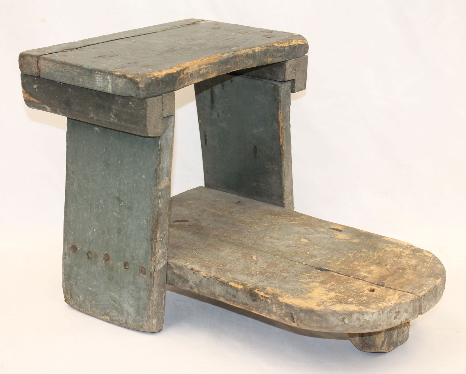 Antique wooden painted milking stool in green paint - 12" wide x 12" tall x 16" long (1 of 7)