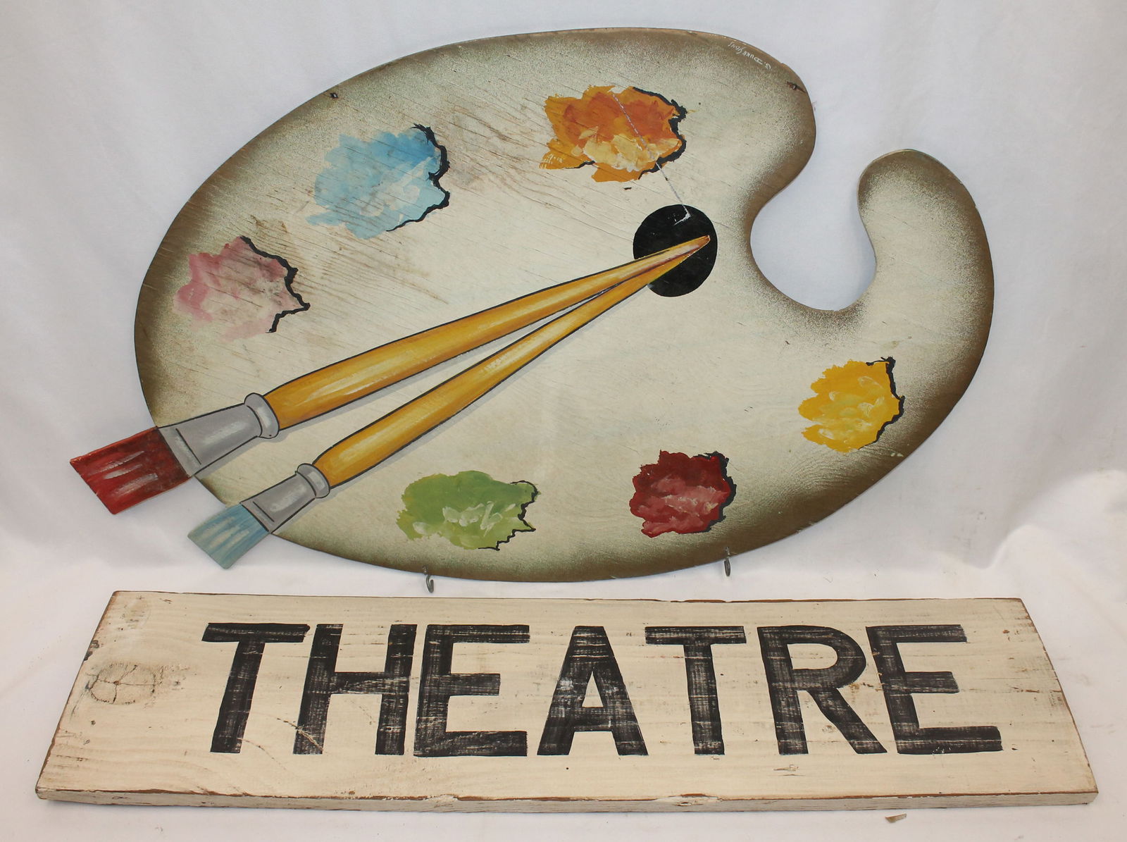 Wooden painted "Theatre" sign 30" long x 7 3/4" tall & Painted artist's pallet sign - sgnd G. Dukes (1 of 7)