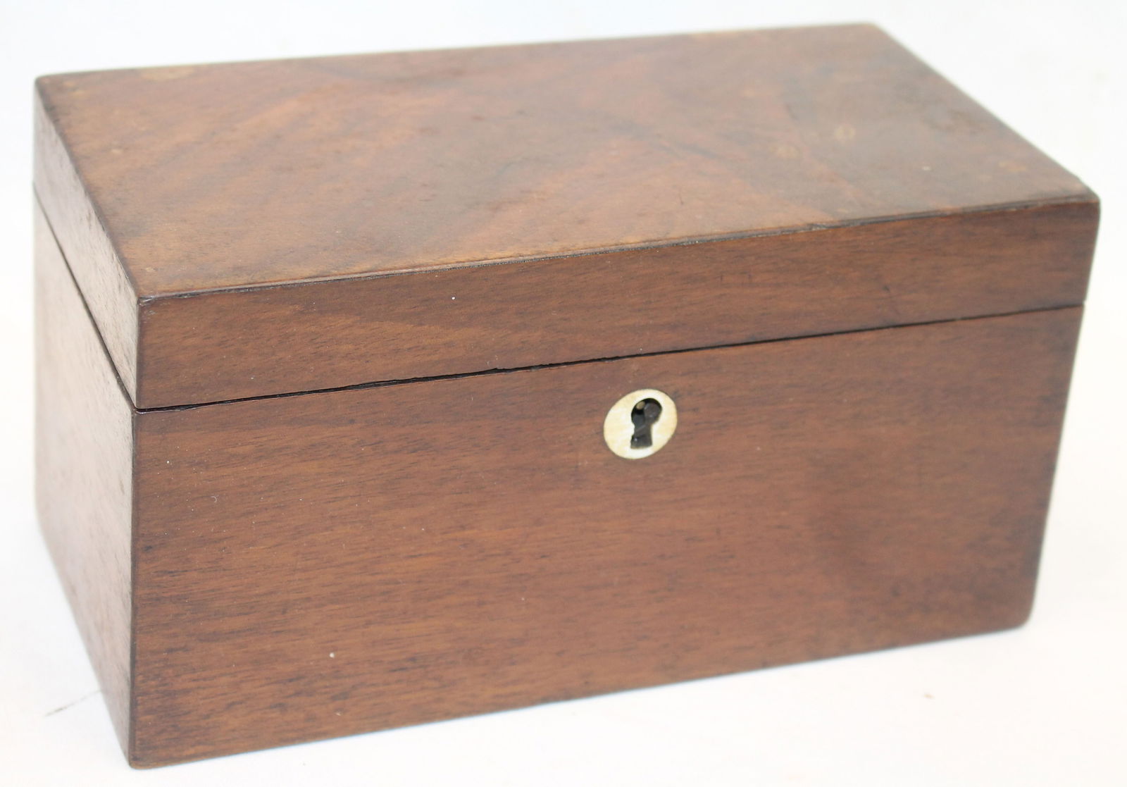 Antique English mahogany tea caddy - w MOP escutcheon - 4" tall x 8"x4" (1 of 3)