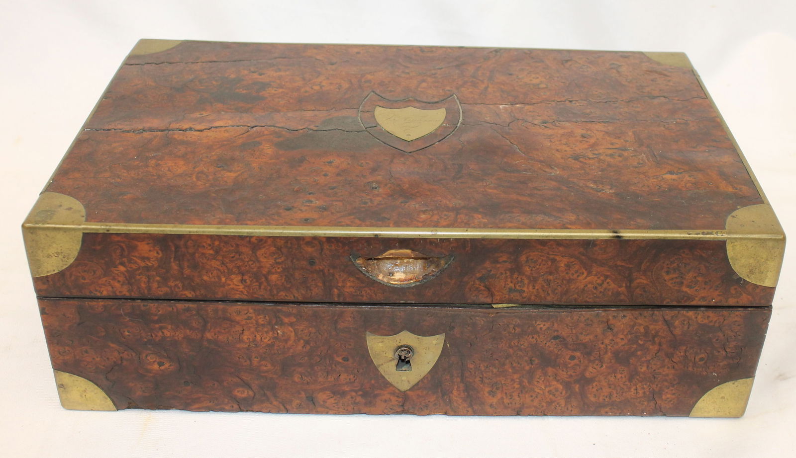 Victorian burl walnut veneer brass bound desk box w fitted interior & some contents - 4 1/2" tall x (1 of 6)