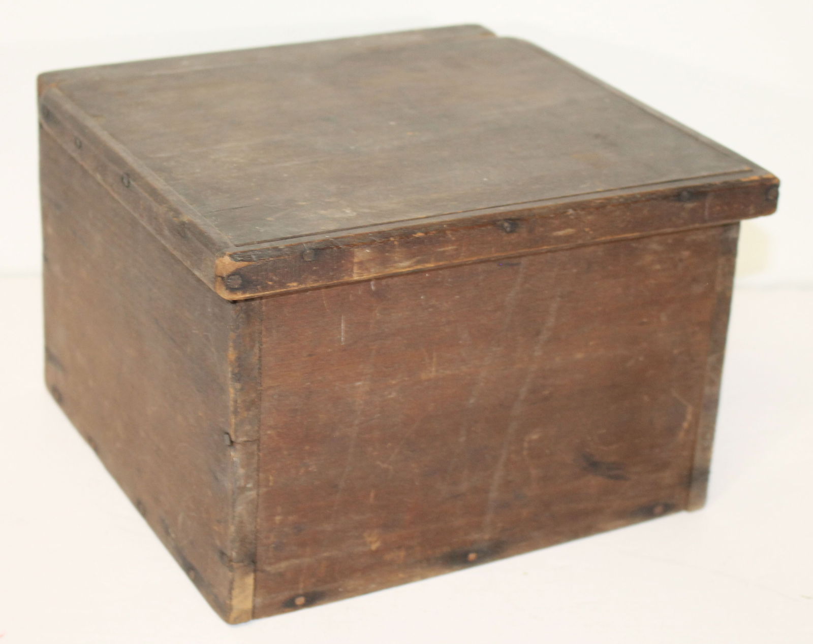 19thC wooden lift top box w "Soap" written on top - as found - top not attached - 6 1/2" tall x 9 (1 of 5)