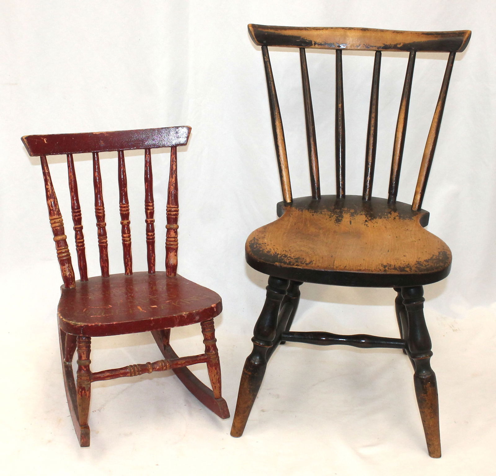 Lot of 2 antique child size chairs incl Windsor fan back in brown & rocker in red w stenciled (1 of 5)