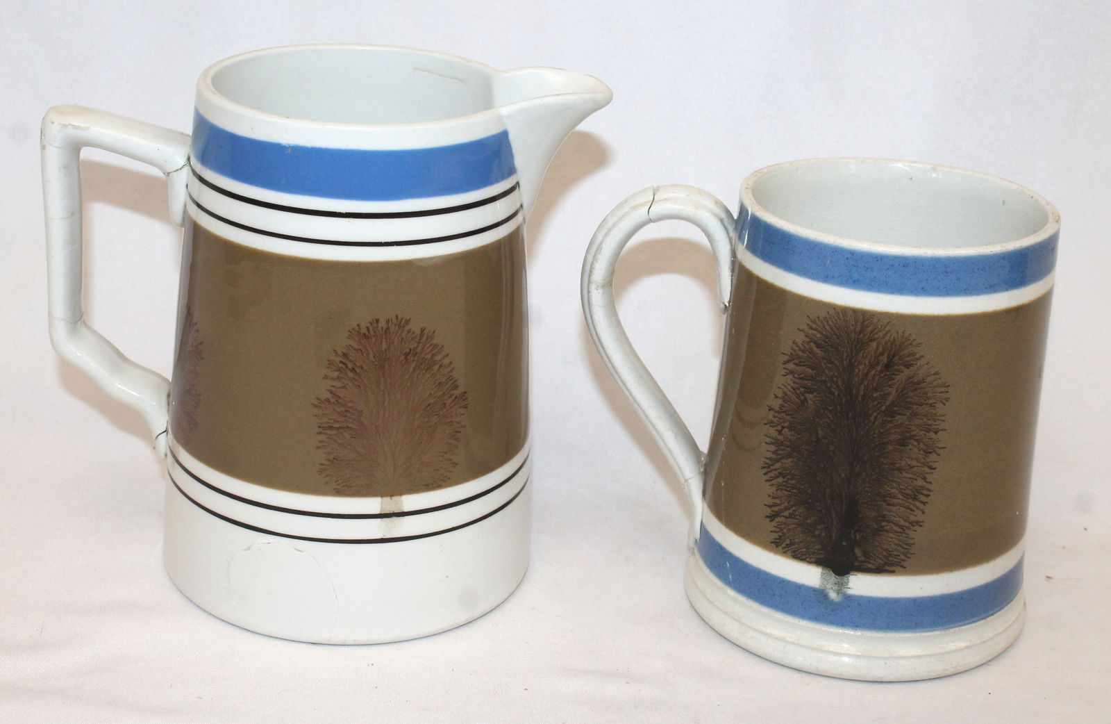Lot of 2 Mochaware items incl a pitcher & a mug - as found - 5 1/2" & 6 1/2" tall (1 of 7)
