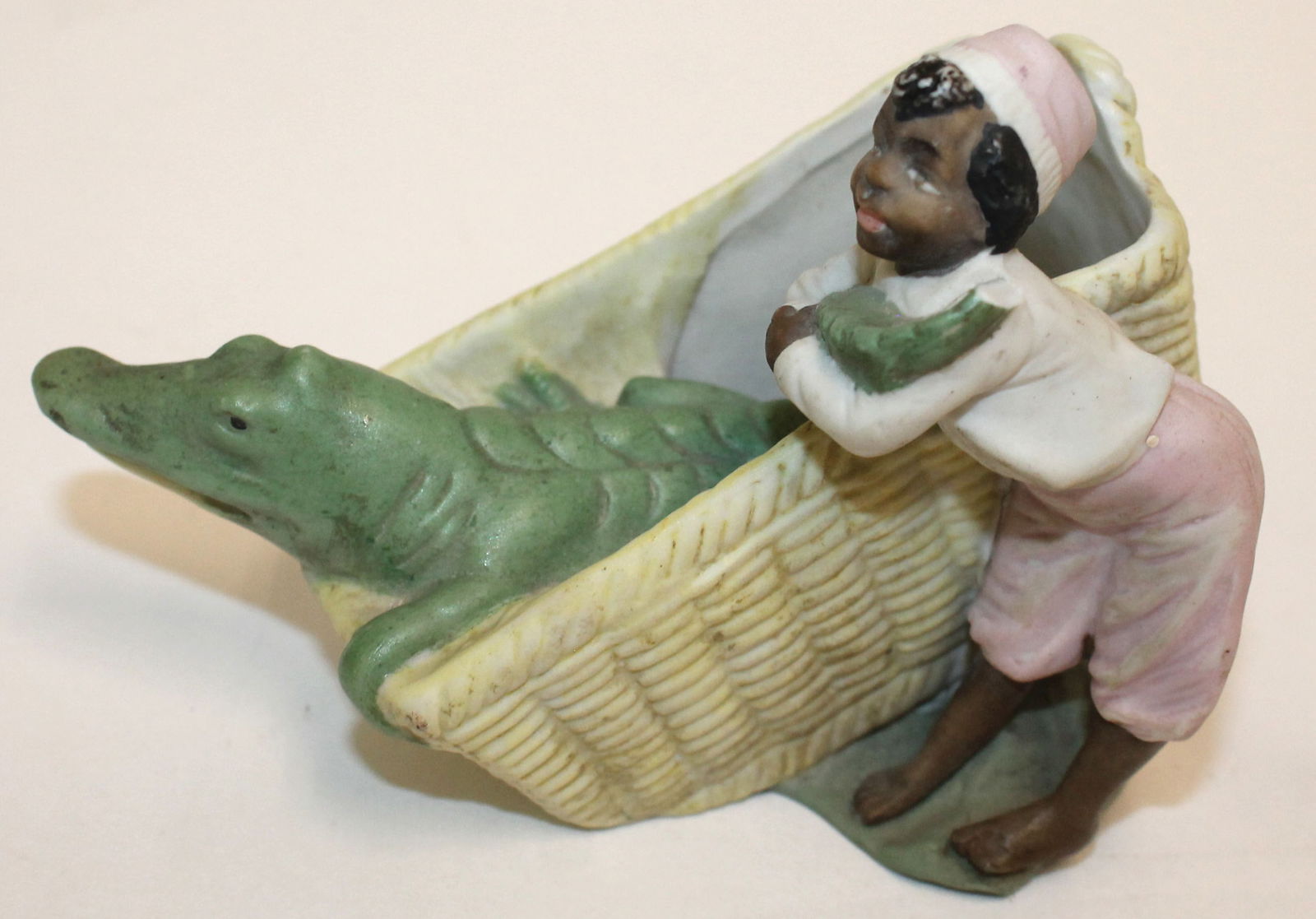 Schafer Vater bisque porcelain boy w alligator in basket - as found - ex Richard Wright collection (1 of 6)