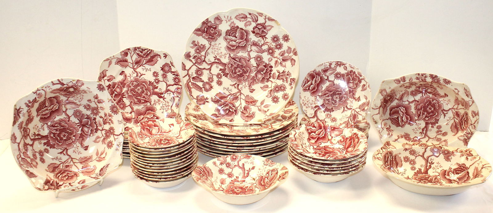 Johnson Brothers "English Chippendale" pink transferware china service w approx 74 pieces incl 10 (1 of 19)