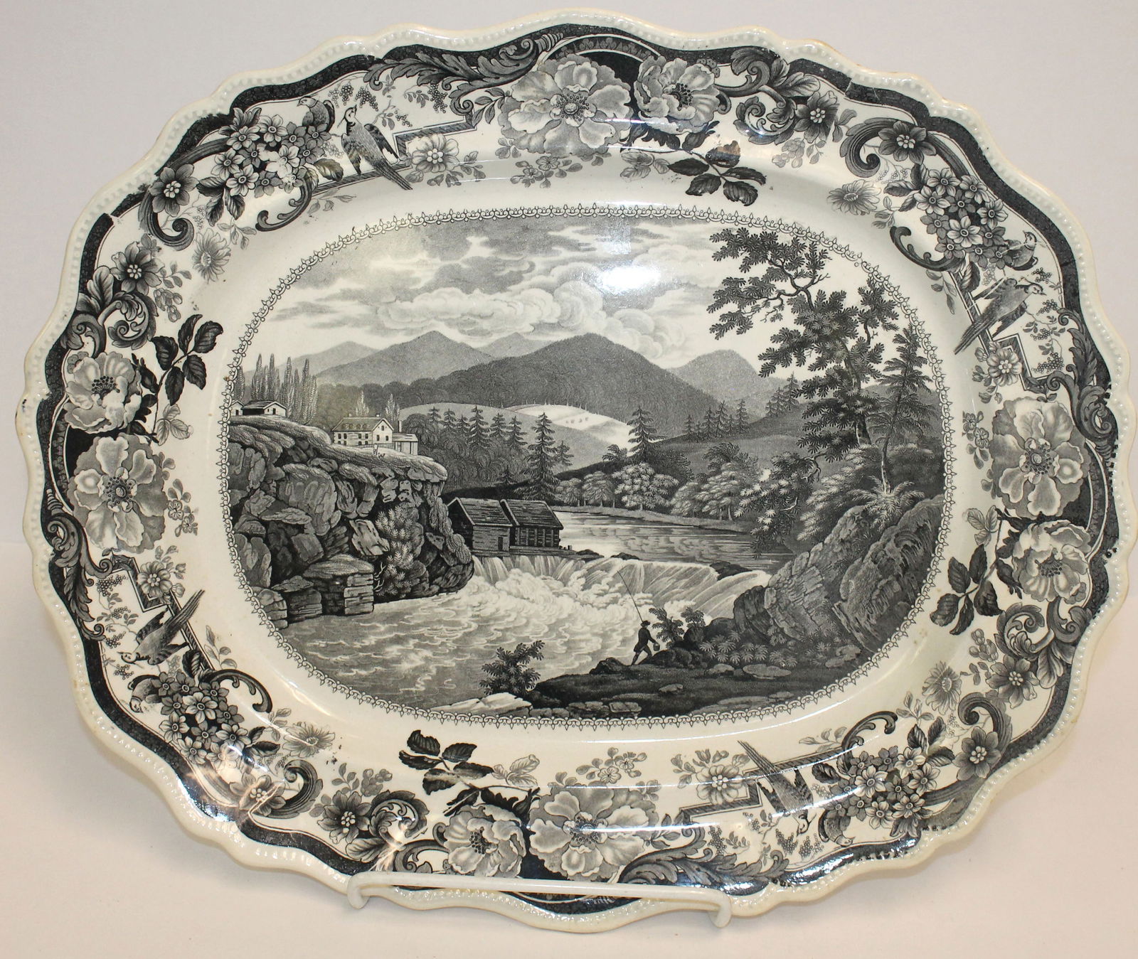 Staffordshire black transferware platter "View of Little Falls at Luzerne", Hudson River Series by (1 of 5)
