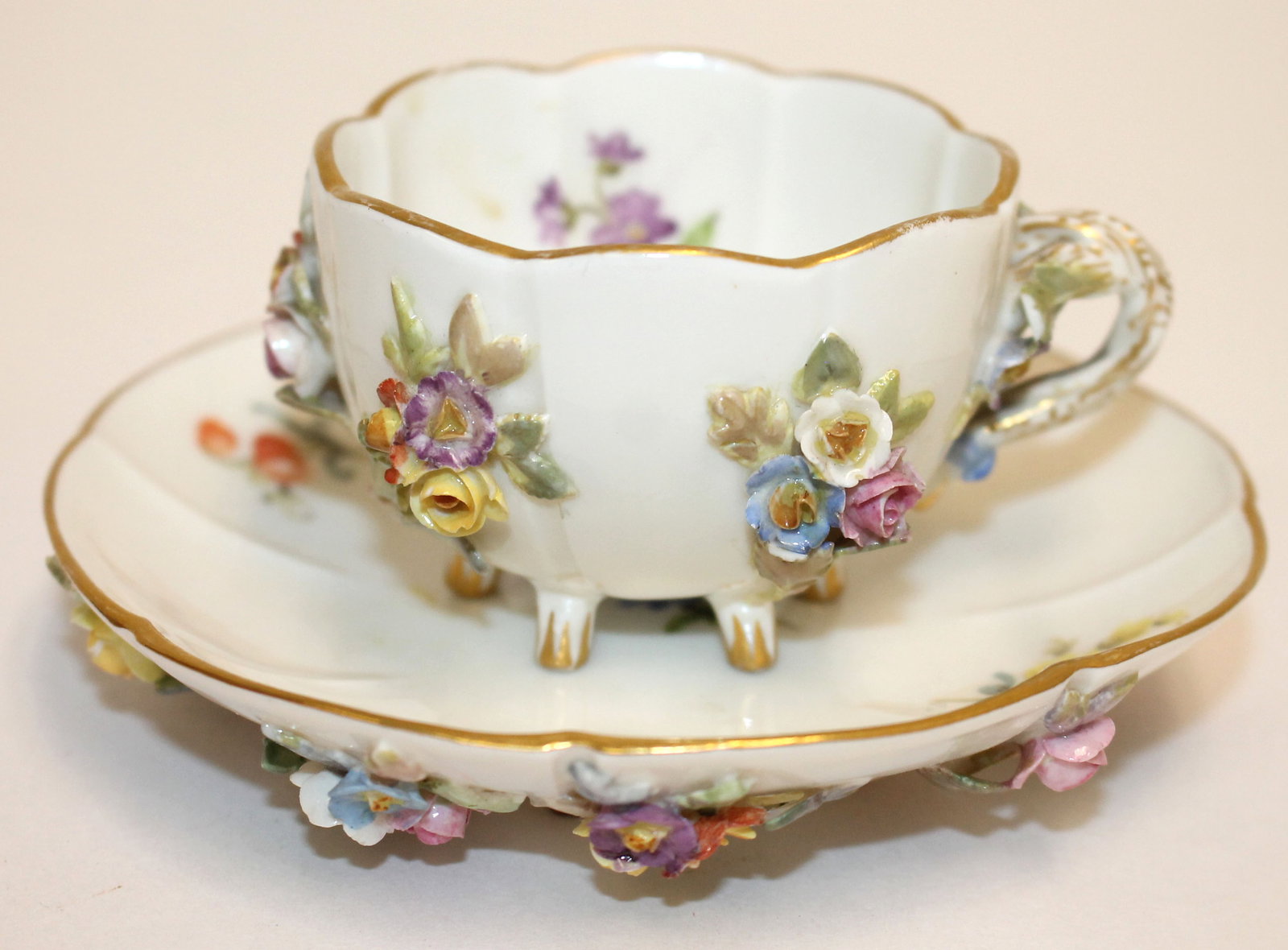 Meissen cup & saucer w applied floral dec (1 of 7)