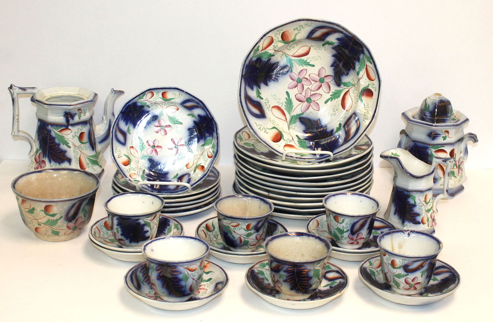 Colorful Gaudy Ironstone 36 pc set incl coffee pot, sugar & creamer, waste bowl, 6 cups, 9 saucers, (1 of 10)