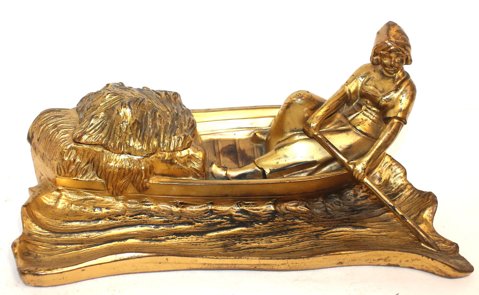 Antique figural inkwell woman rowing a boat - 9 1/2" long x 4" tall (1 of 5)