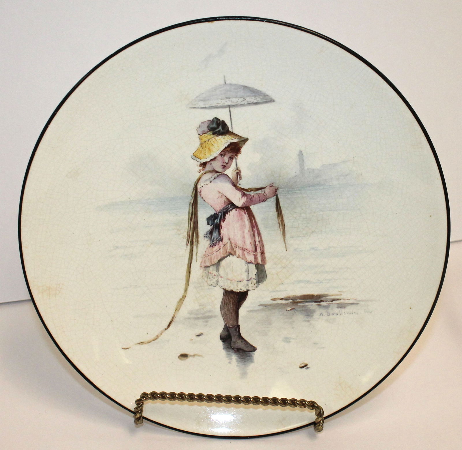 Mintons hand painted plate w little girl holding an umbrella - artist signed - 8 1/2" diam (1 of 4)
