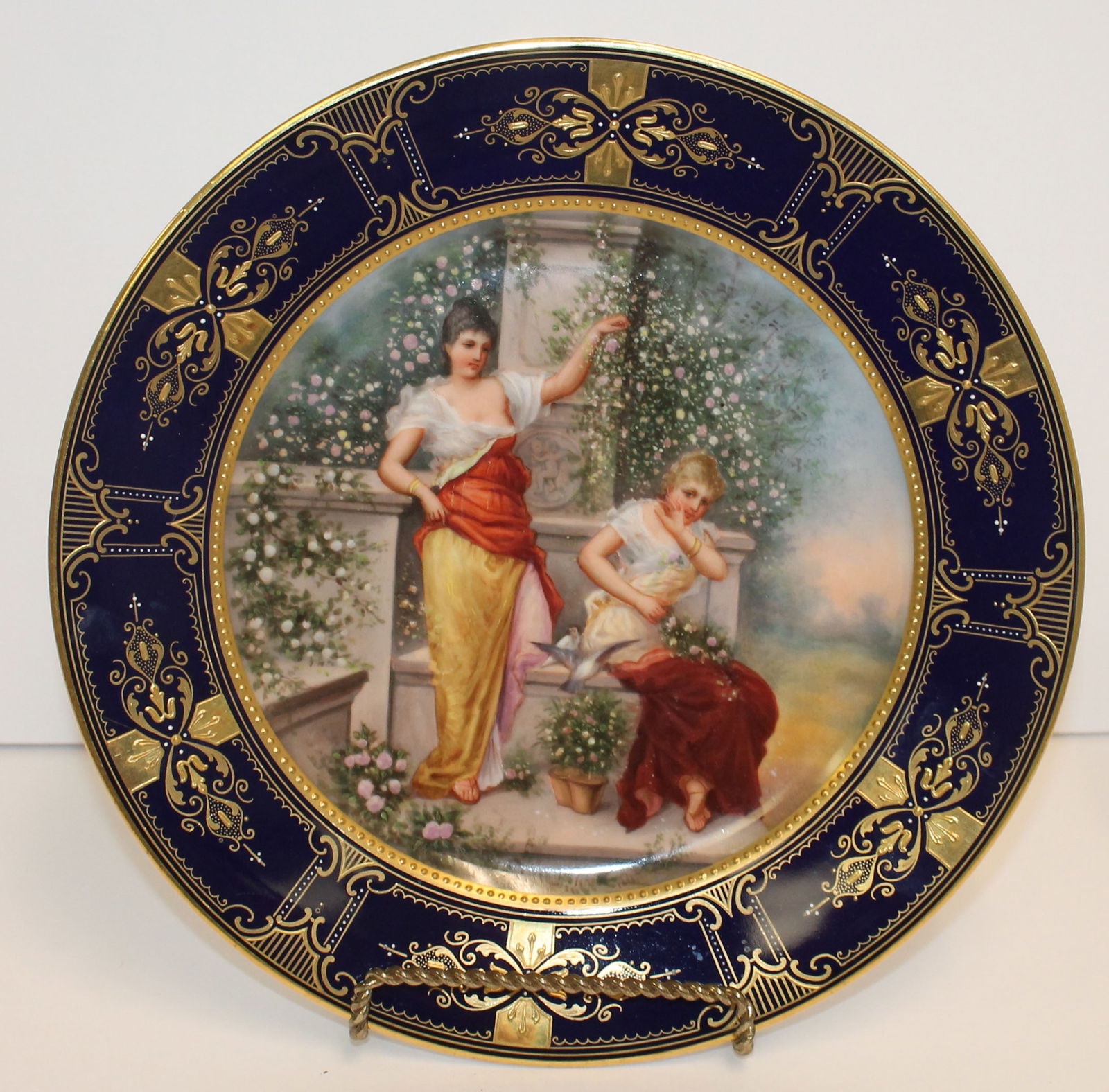 Austrian hand painted plate w cobalt & gold rim - 9 1/2" diam (1 of 3)