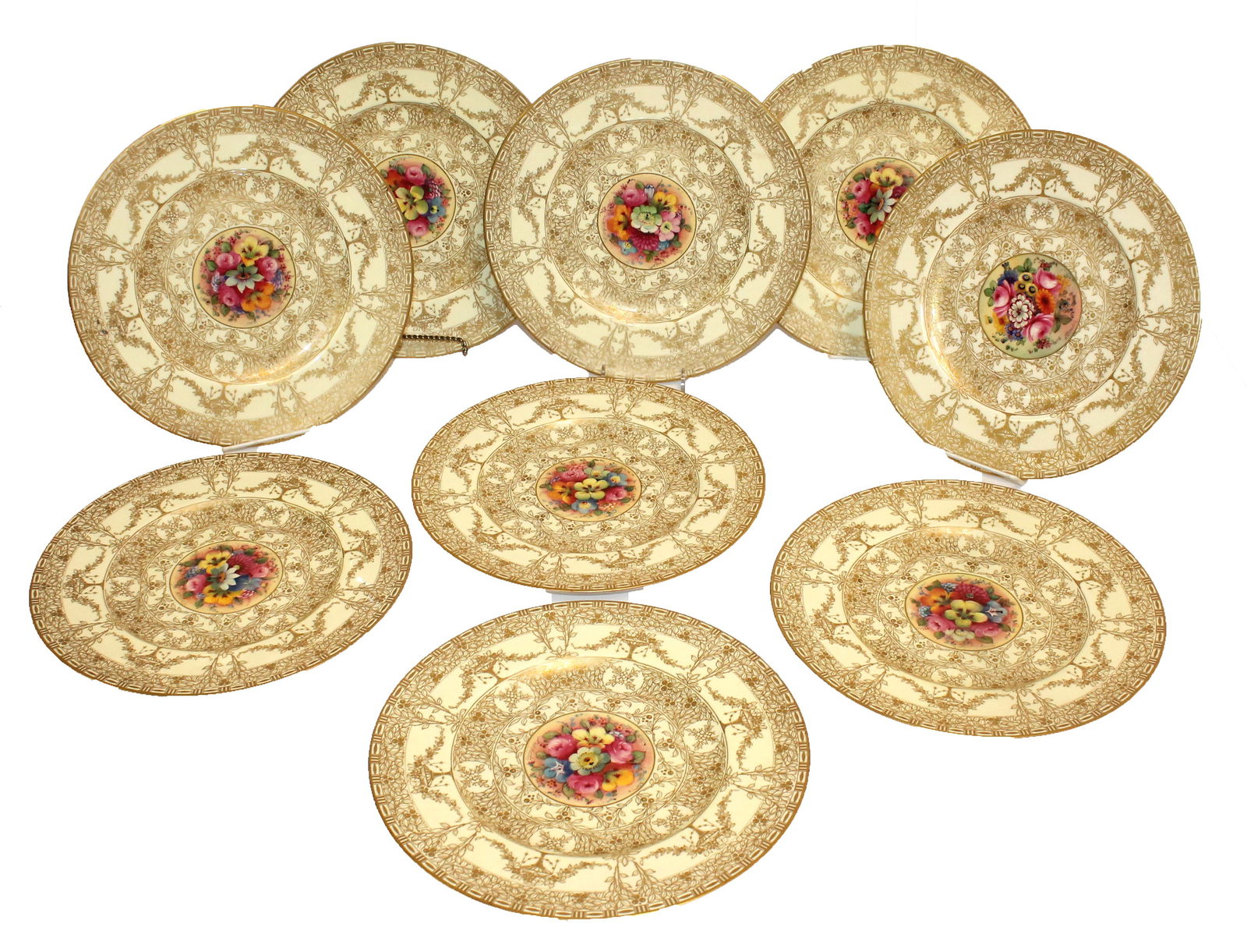 Set of 9 Royal Worcester hand painted dinner plates w gold work on cream background - 10 3/8" diam (1 of 11)