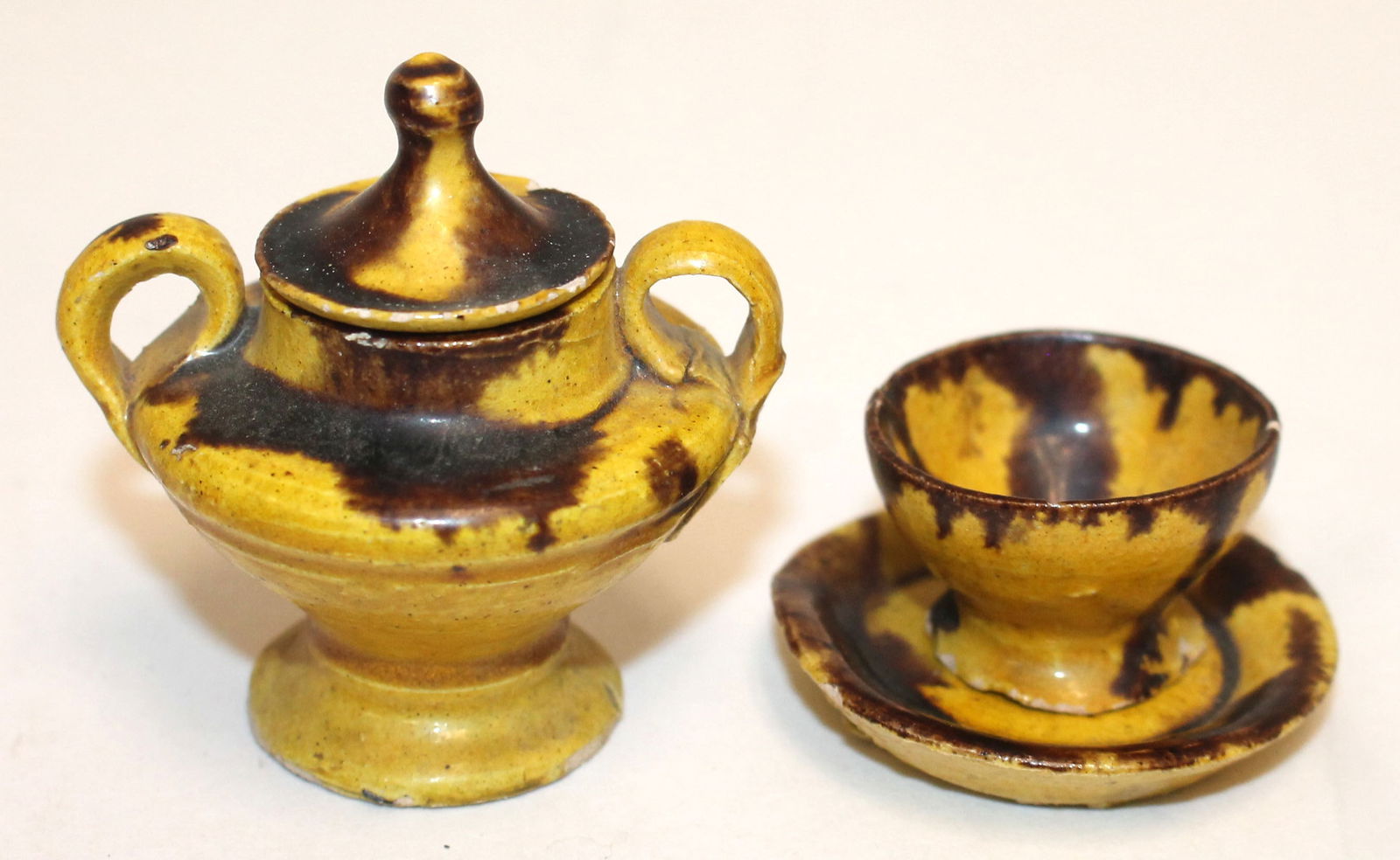 Miniature 3 piece earthenware tea set w mottled glaze - (1 of 7)
